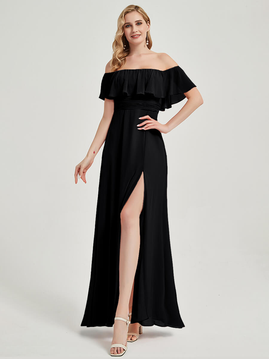 Elegant Black Convertible Off-Shoulder Chiffon Bridesmaid Maxi Dress with High Slit - Perfect for Weddings, Parties & Formal Events