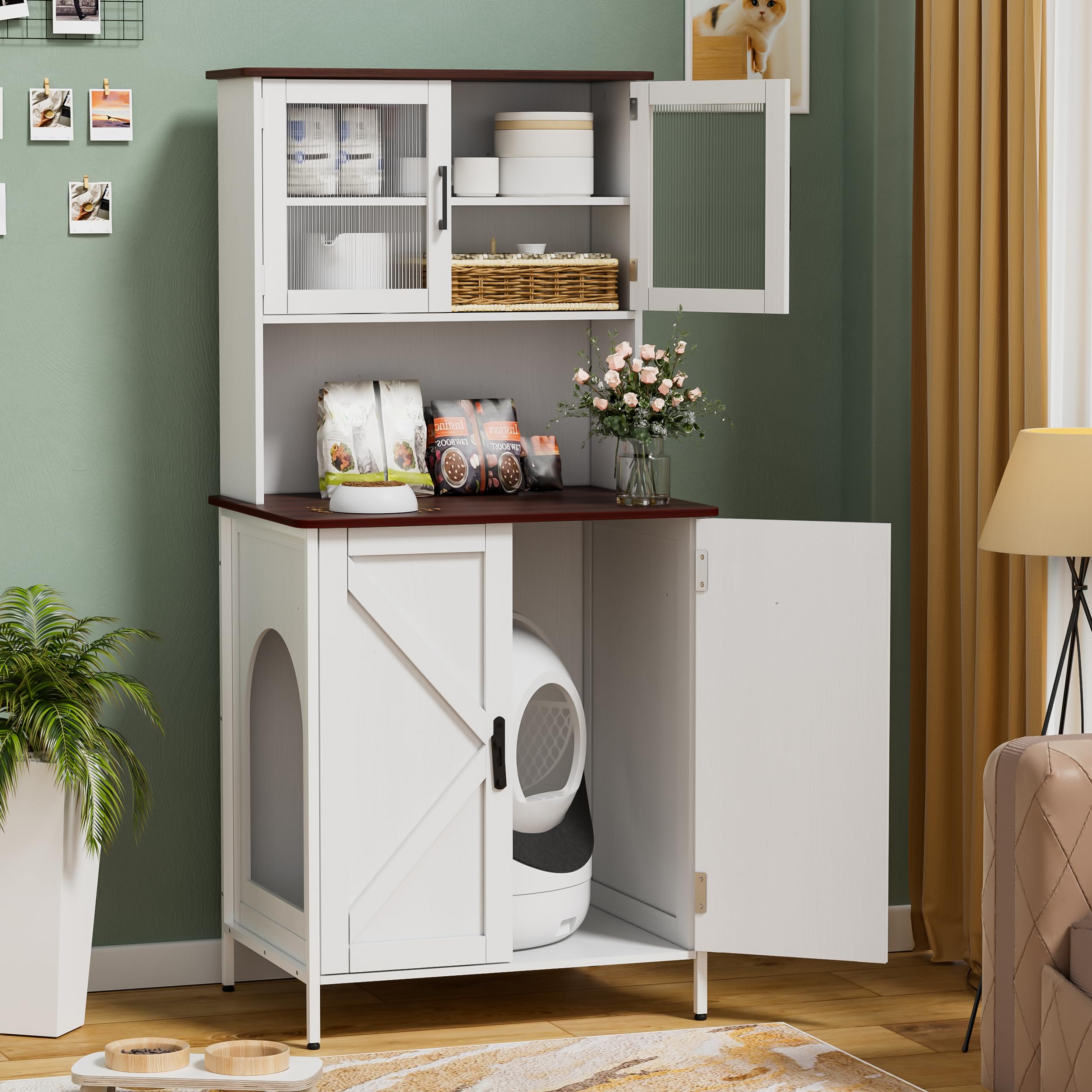 PAKASEPT Cat Litter Box Enclosure Furniture for Self-Cleaning Litter Box - Modern Litter Box Cabinet with Shelves & Doors for Large Smart Cat Toilet - Perfect for Living Room, Bedroom or Home Office Decor
