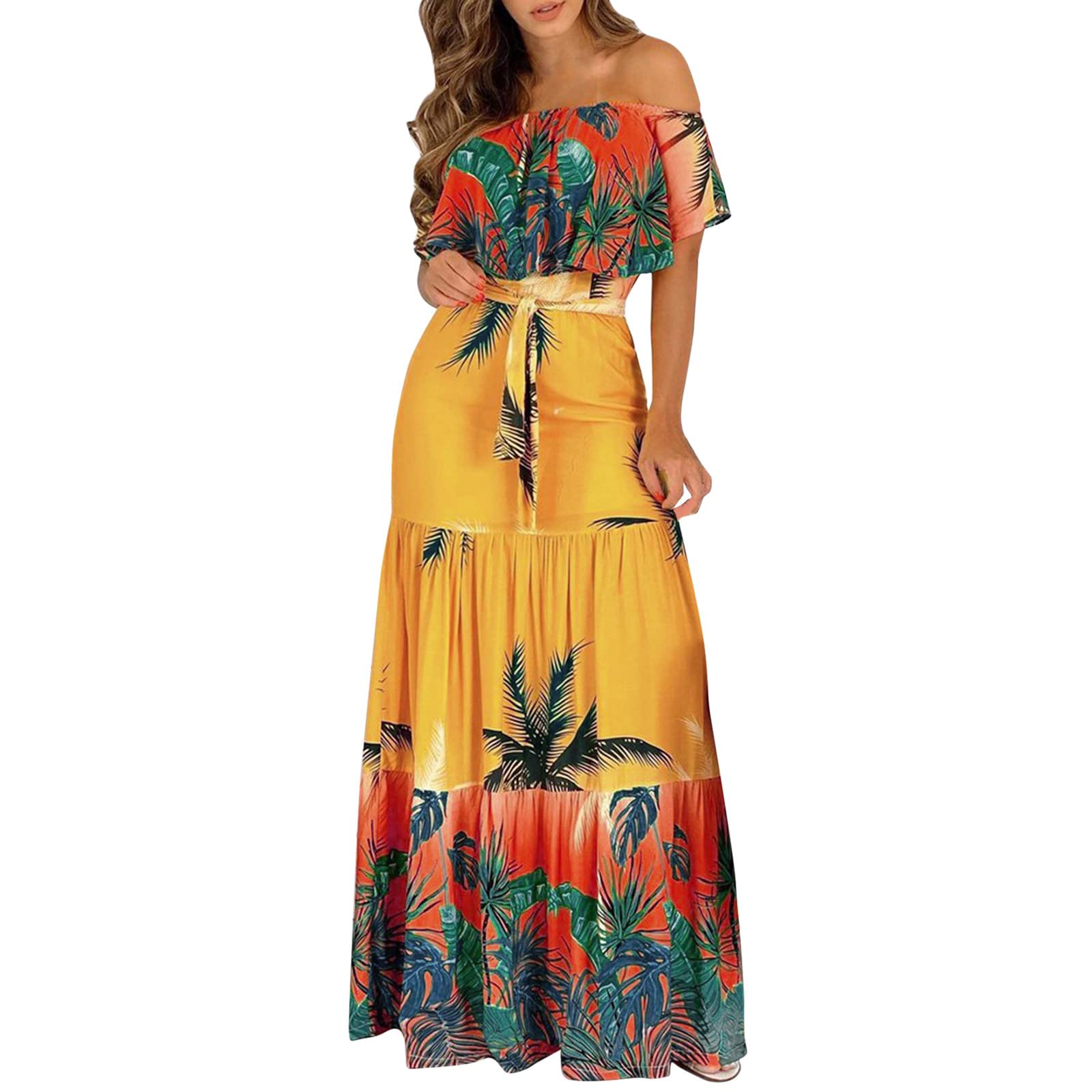 FKSESG Women's Summer Casual Short Sleeve Off Shoulder Tropical Print Ruffles Maxi Dress with Belt - Stretchy Slim Fit for Beach Vacation, Party & Daily Wear