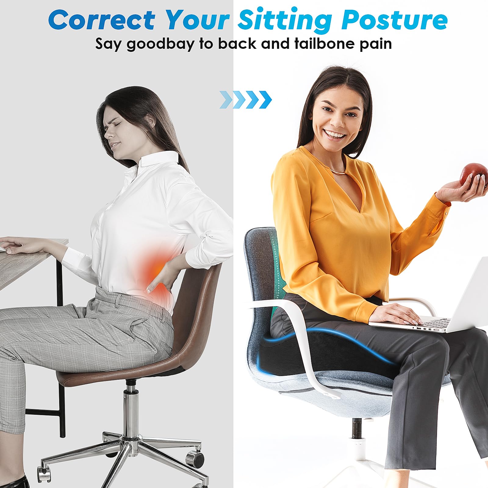 Memory Foam Seat Cushion for Office Chair, Wheelchair & Car - Anti-Slip Bottom with Removable Cover for Tailbone Pain Relief - Perfect for Home Office, Long Drives & Mobility Comfort (Black)