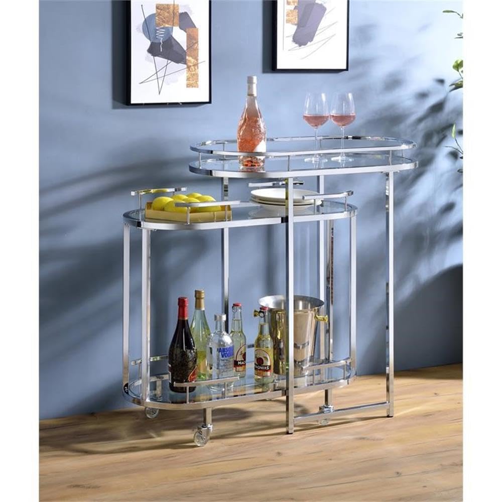 Acme Piffo Clear Glass Top Storage Serving Cart with Chrome Frame - Perfect for Kitchen, Dining Room, Bar, and Outdoor Entertaining