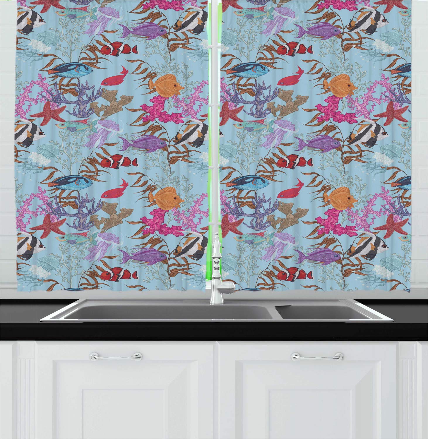 Ambesonne Underwater Theme Kitchen Curtains - Fish, Jellyfish, Starfish Sea Creature Print Window Drapes 2 Panel Set - 55