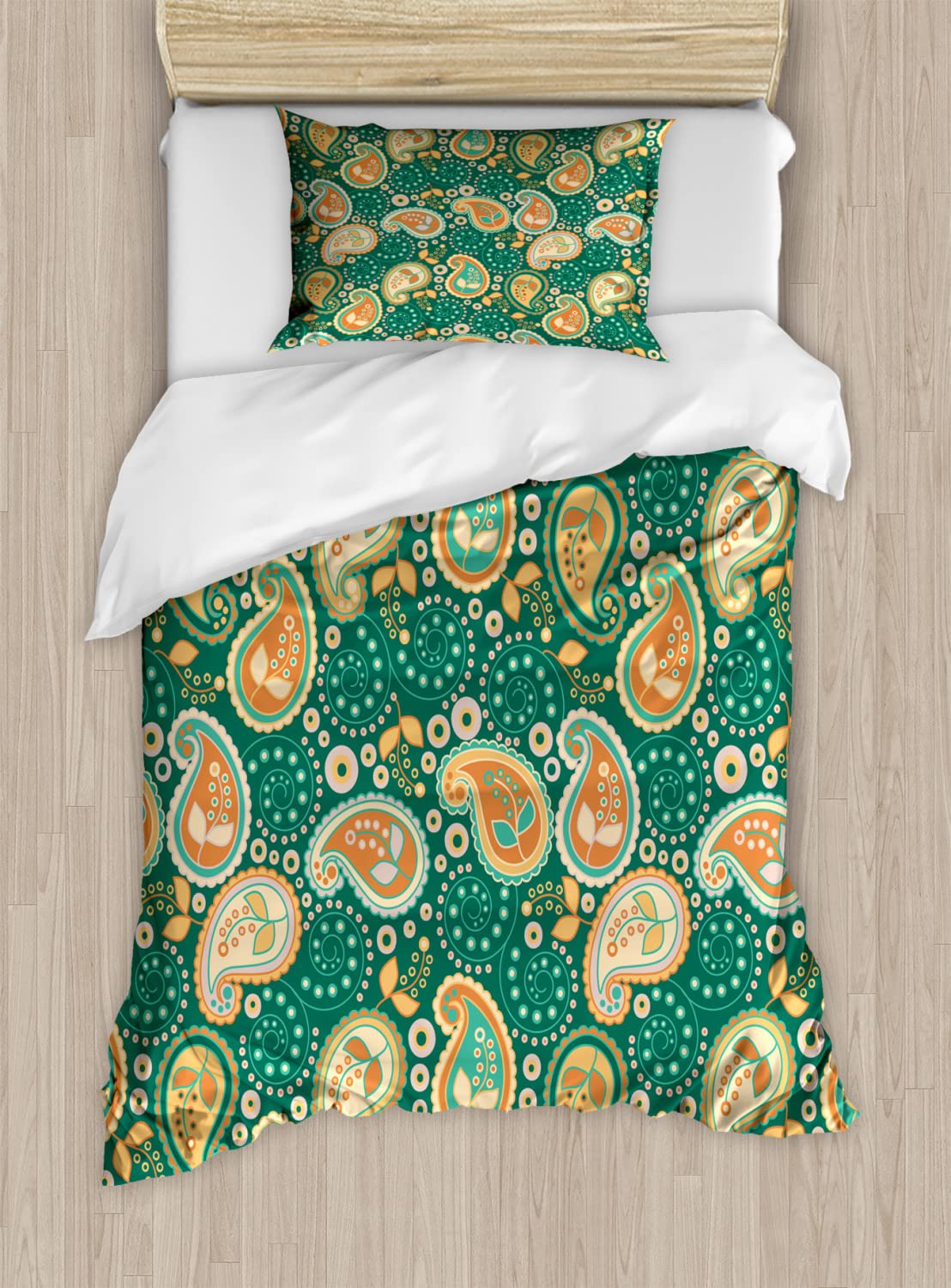 Ambesonne Ethnic Duvet Cover Set - Paisley Leaves Floral Pattern with Folkloric Design, 2-Piece Twin Size Bedding Set (Duvet Cover + Pillowcase) in Apricot & Hunter Green - Perfect for Bohemian Bedroom Decor, Guest Room Makeover, and Cozy Autumn Vibes