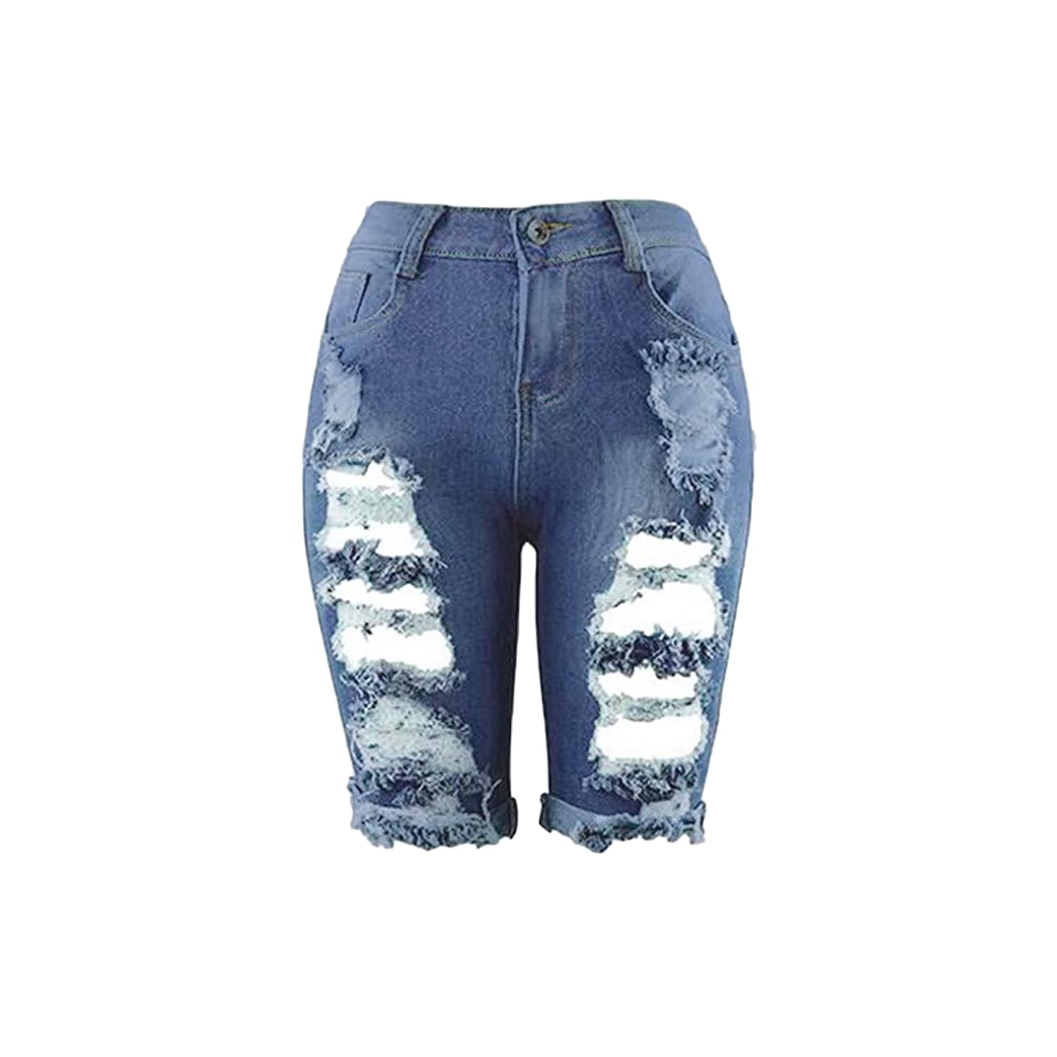 Women's High Waist Destroyed Ripped Denim Bermuda Shorts - Light Blue Distressed Knee-Length Jeans with Holes (3X-Large) | Perfect for Summer Outfits, Beach Vacations & Casual Streetwear
