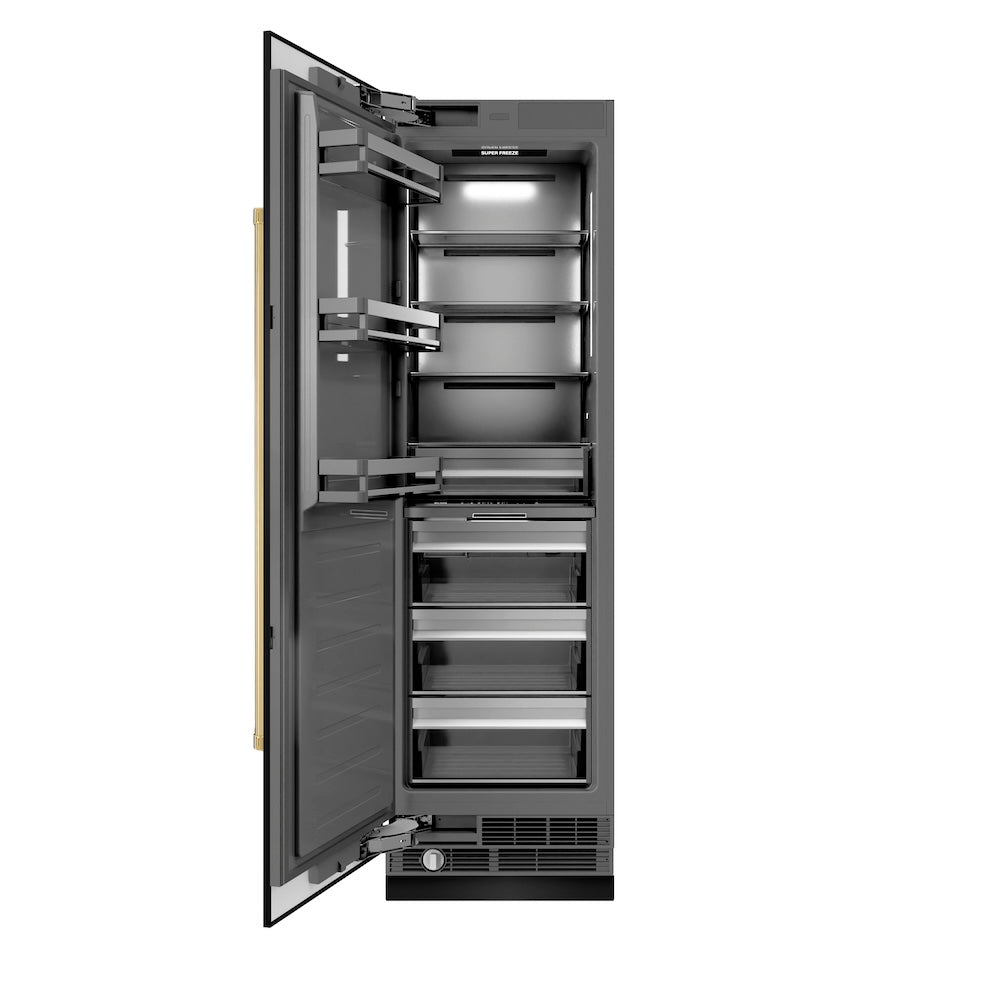 ZLINE Autograph Edition 24 Inch 12.4 Cu Ft Column Freezer - Black Stainless Steel with Graphite Gray Interior & Polished Gold Accents (RCFVZ BS 24 G) - Perfect for Home Kitchen, Basement, or Garage Storage