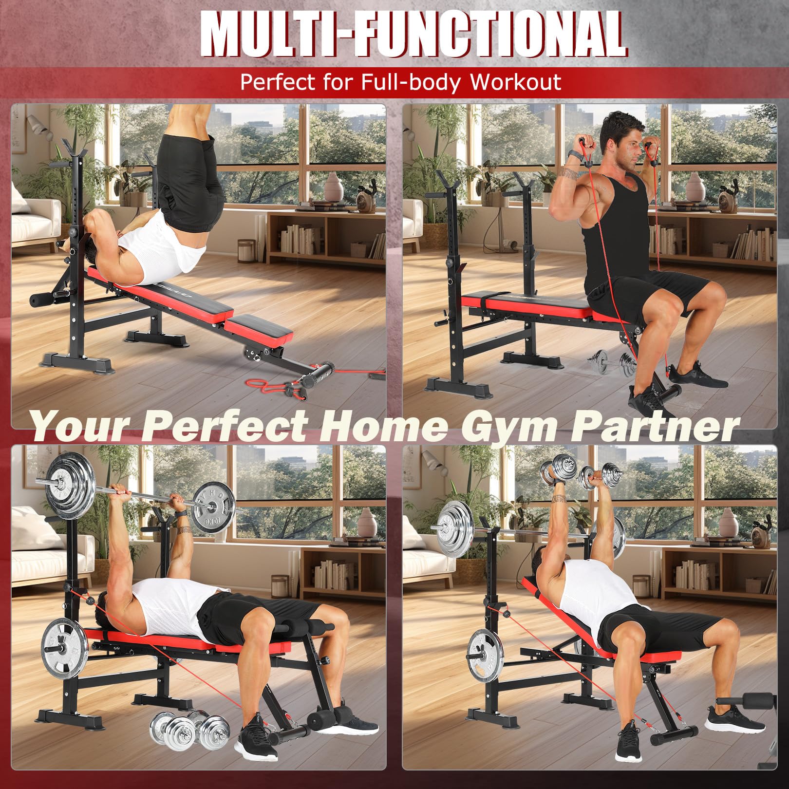 OPPSDECOR 8-in-1 Adjustable Weight Bench Set - 660lbs Capacity Olympic Workout Bench with Squat Rack, Leg Developer & Preacher Curl - Foldable Home Gym Equipment for Strength Training & Full Body Workouts