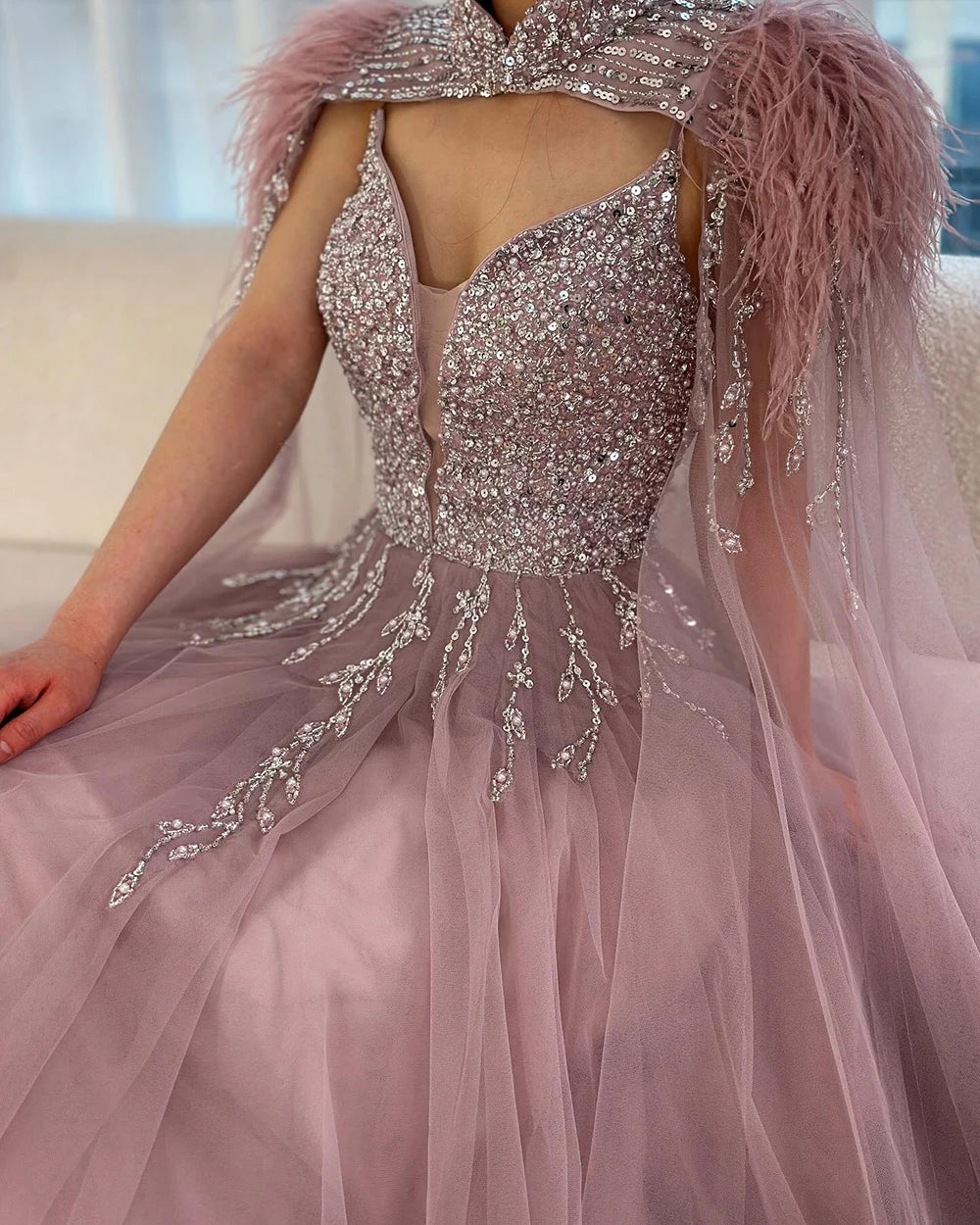 Luxury Dubai Arabic Beige A-Line Feather Cape Beaded Saudi Evening Gown for Formal Occasions - Elegant Wedding, Gala & Red Carpet Dresses LA72722