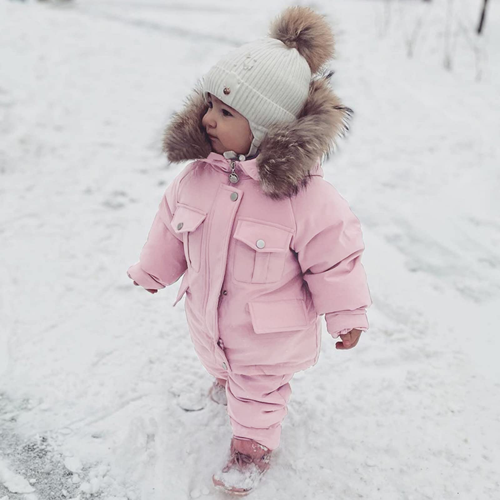 SYNIA Winter Baby Girls Snowsuit with Fur Hood - Warm Windproof Puffer Coat & Snow Bib for 1-4 Year Olds - Perfect for Snow Play, Outdoor Adventures & Cold Weather Protection