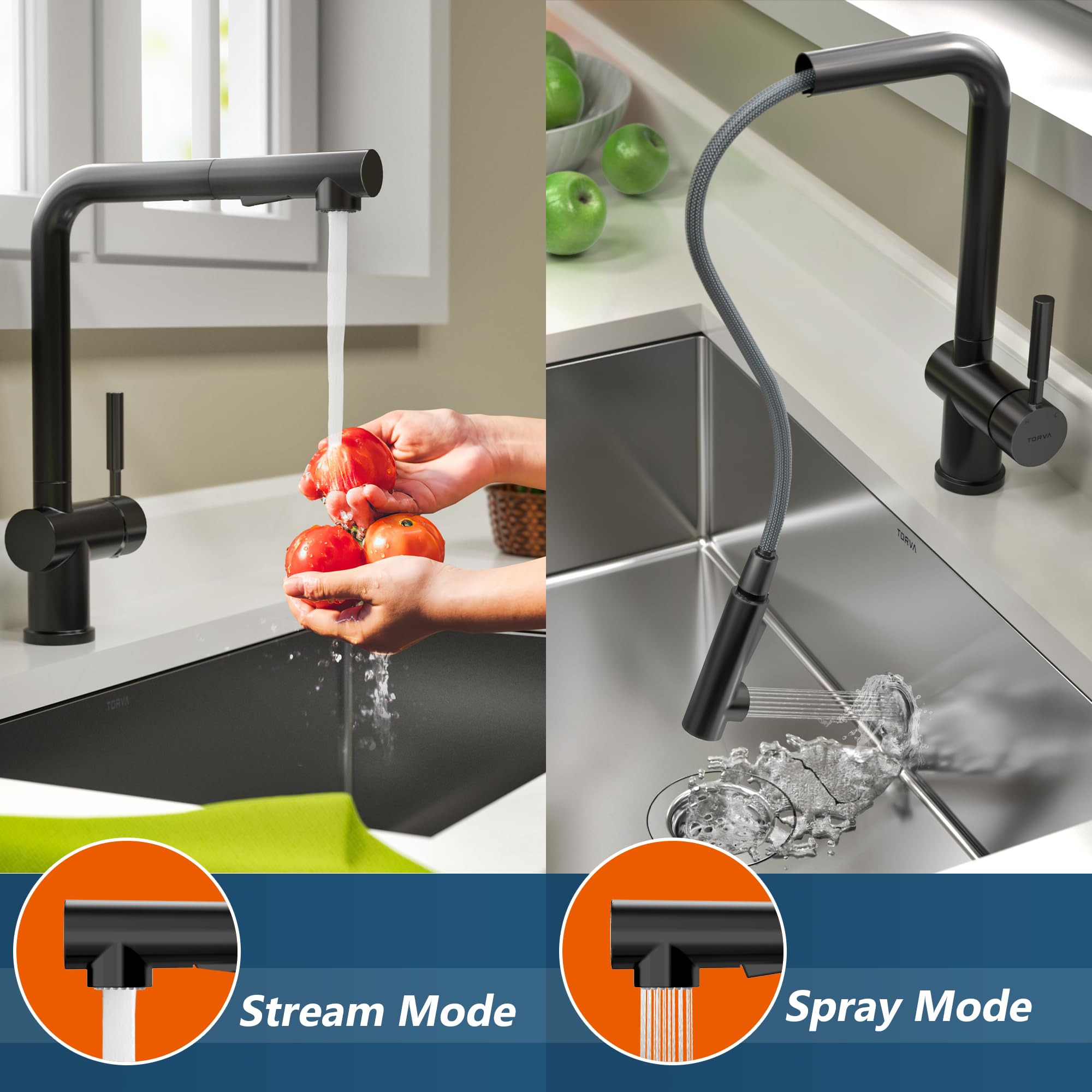 TORVA Matte Black Kitchen Faucet with Pull Down Sprayer - Stainless Steel Single Handle Sink Faucet for Modern Kitchens | Perfect for Cooking, Washing Dishes & Food Prep