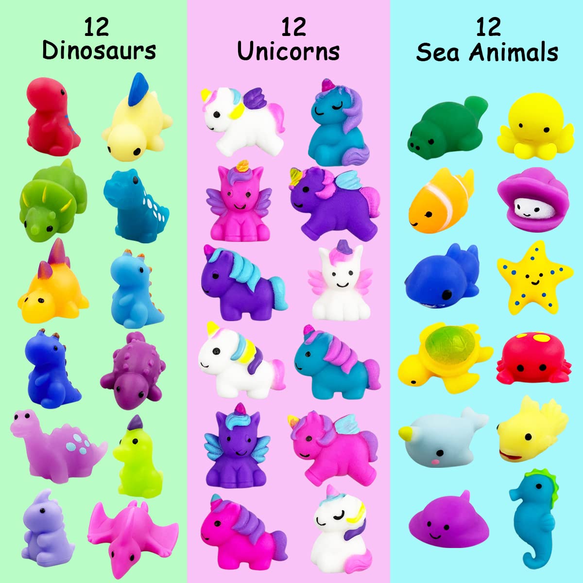 **Jofan 36 PCS Mochi Squishy Toys Set - Kawaii Dinosaur, Unicorn & Sea Animals Stress Relief Toys for Kids, Boys & Girls - Perfect for Party Favors, Birthday Gifts & Sensory Play**