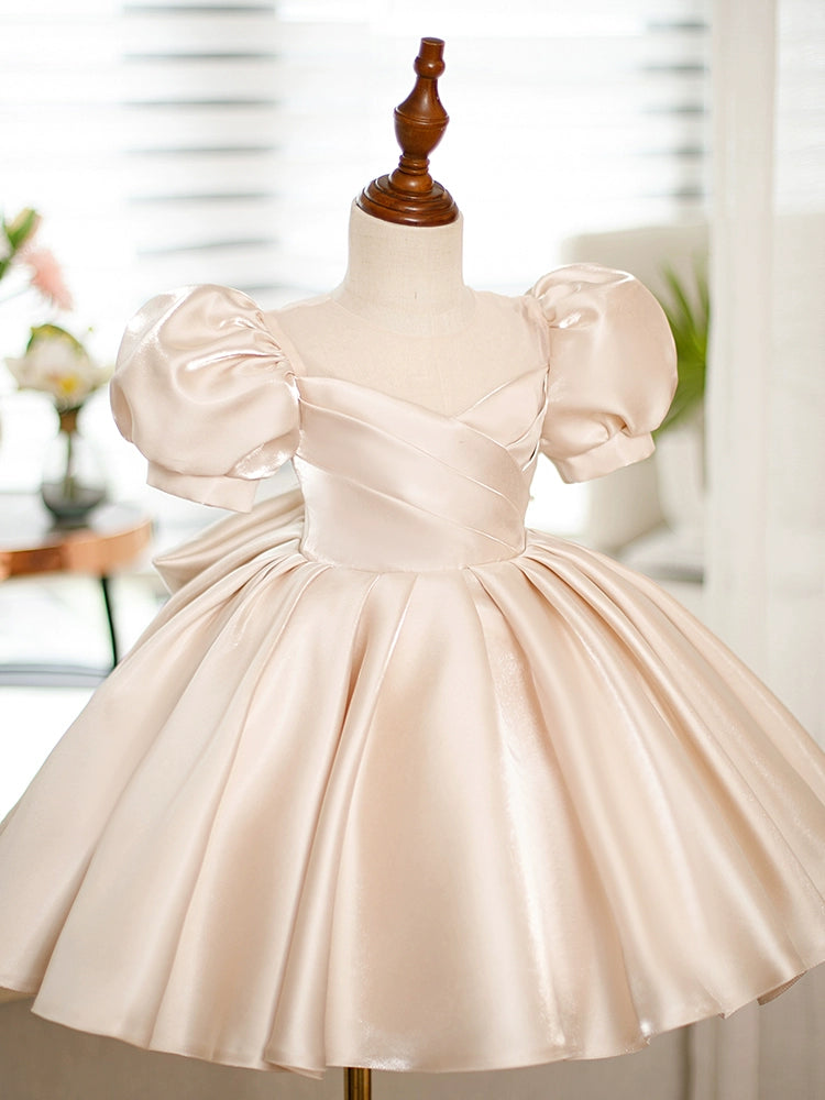 Champagne Princess Round Neck Tea-Length Satin Flower Girl Dress for Weddings, Parties & Special Occasions