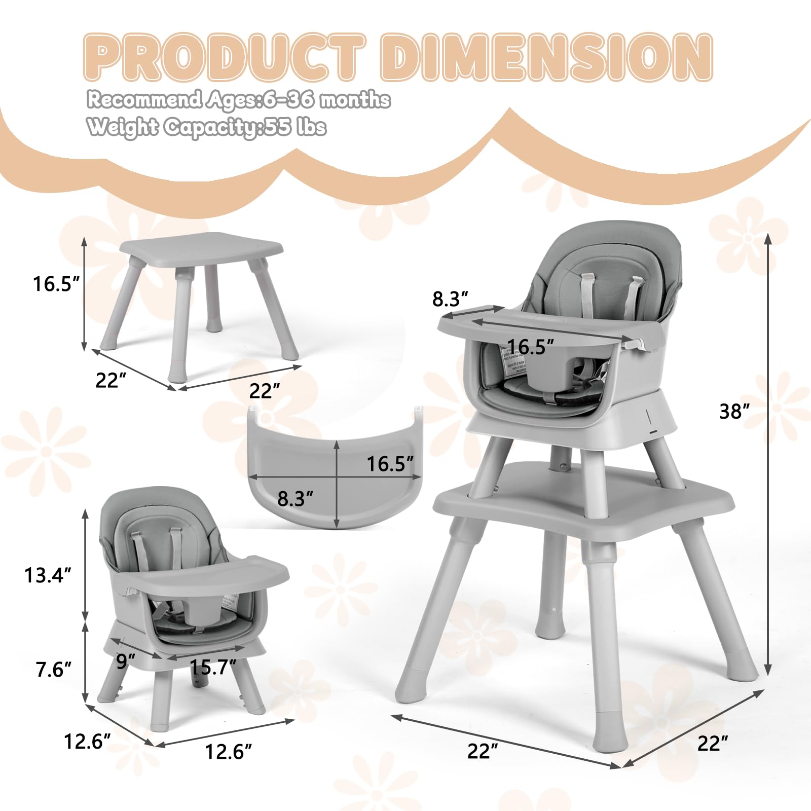 Kinder King 8-in-1 Convertible Baby High Chair - Dining Booster Seat, Kids Table & Chair Set, Toddler Building Block Table with Removable Tray & Washable Seat Covers (Grey & White) - Perfect for Mealtime, Playtime & Learning Activities at Home or Daycare