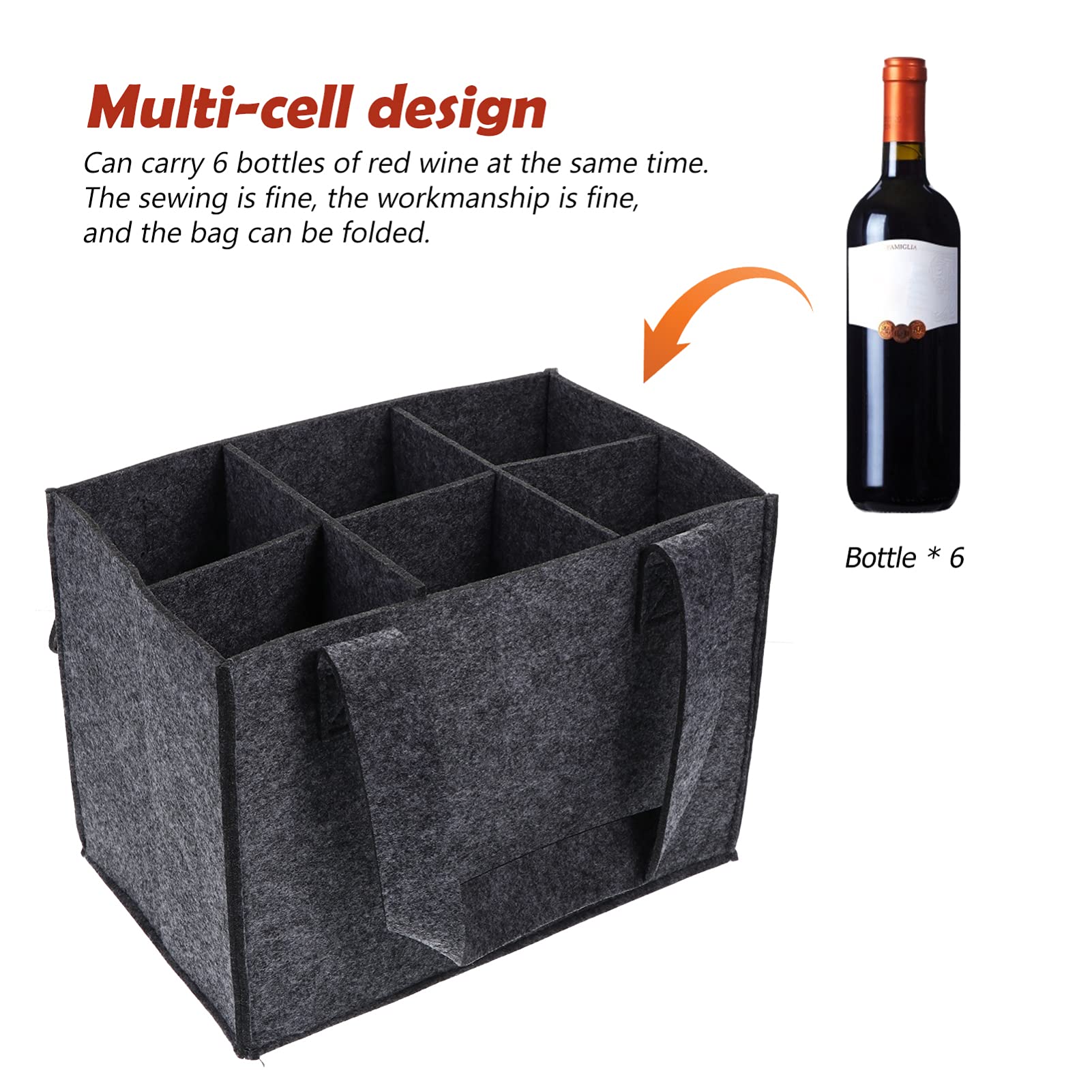 Premium Hemoton 6-Bottle Wine Tote Bag - Insulated Wine Carrier for Travel, Grocery Shopping & Gifts | Christmas, Wedding & Party Favor | Reusable Felt Wine Storage Bag for Picnics, Beach Outings & Wine Tasting Events