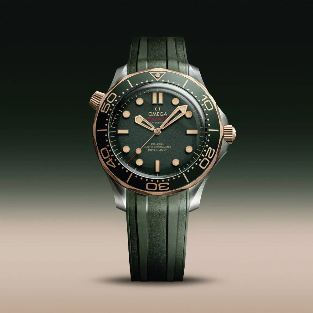 Seamaster Diver 300M Co-Axial Master Chronometer Men's Watch - 42mm Titanium & Bronze Gold Case, Green Dial, Rubber Strap - Luxury Dive Watch for Water Sports & Professional Diving