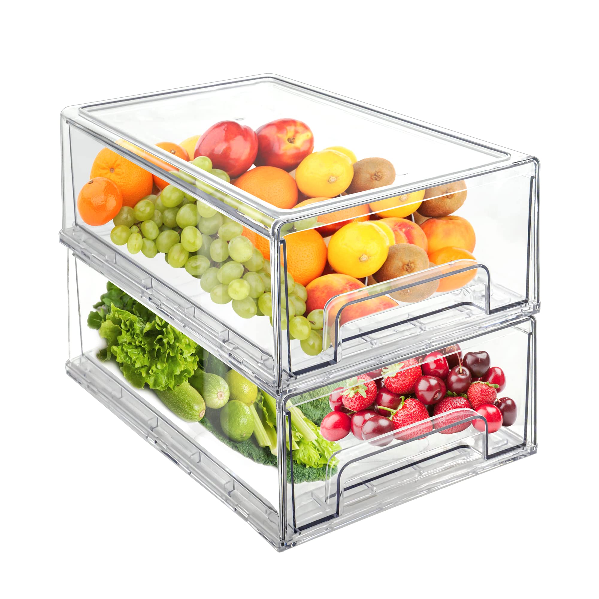 2-Pack Clear Stackable Refrigerator Drawer Organizers - Plastic Food Storage Bins for Kitchen, Pantry & Bathroom | Space-Saving Fridge & Closet Organizer Containers | Perfect for Meal Prep, Office Snacks & Home Organization (Large Size)