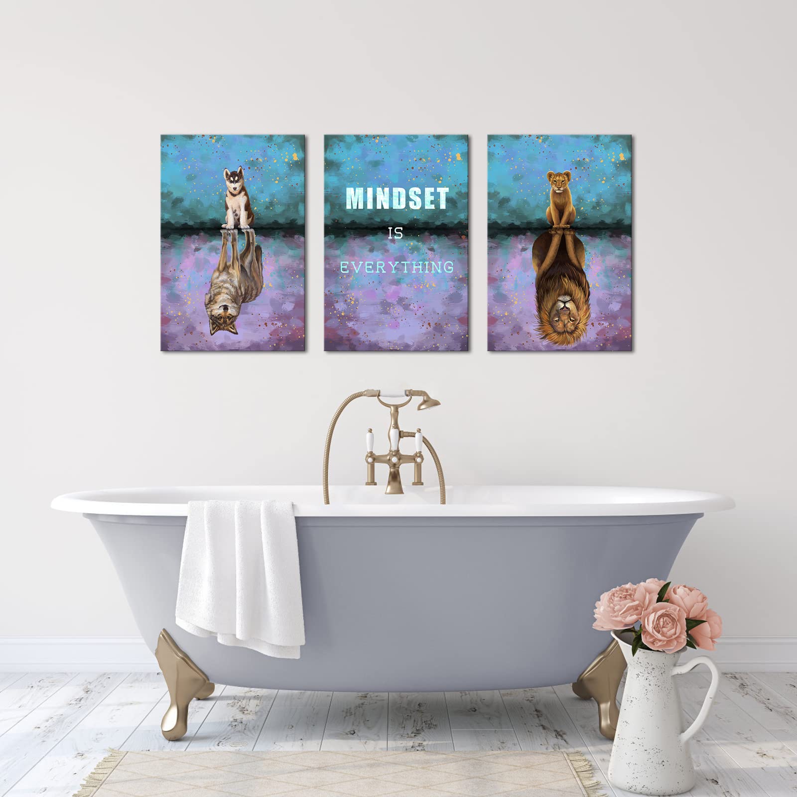 Motivational Quote Canvas Wall Art - 'Mindset is Everything' Lion Painting for Bedroom & Office (16''x24''x3pcs) - Inspirational Entrepreneur Office Decor, Framed Canvas Prints - Perfect for Home, Office & Workspace Motivation