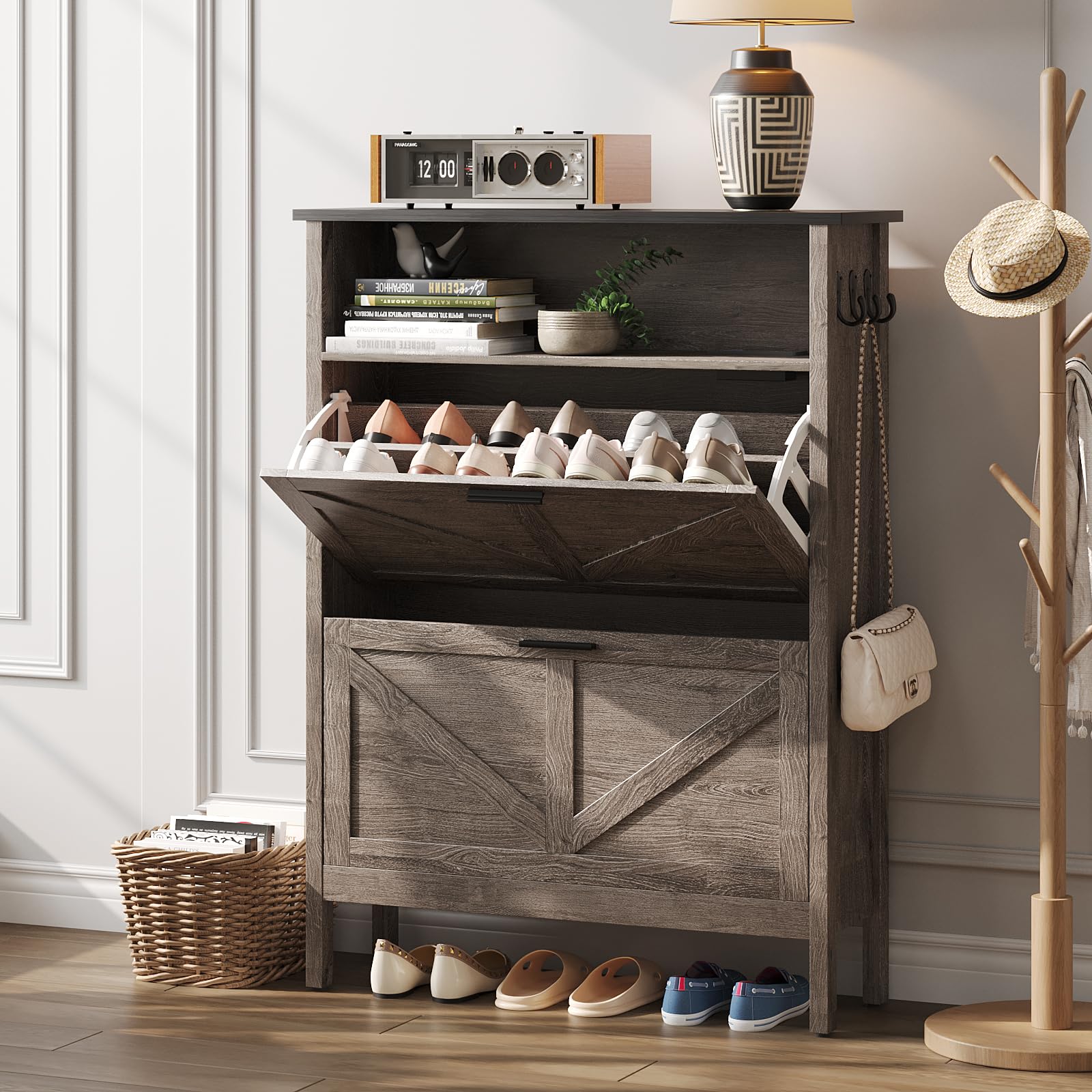 Shoe Storage Cabinet with 2 Flip Drawers - Automatic Deodorizing Shoe Organizer - Freestanding Grey Shoe Rack for Closet, Entryway & Bedroom Organization
