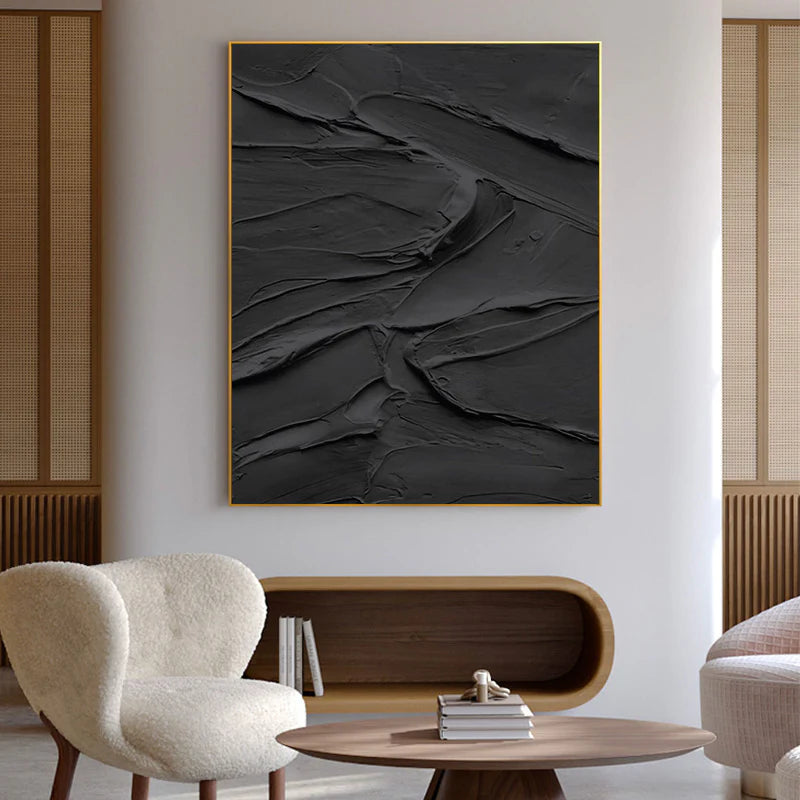 Black Plaster Art Minimalist Textured Painting - Modern Abstract Wall Decor for Living Room, Bedroom & Office | MZ117