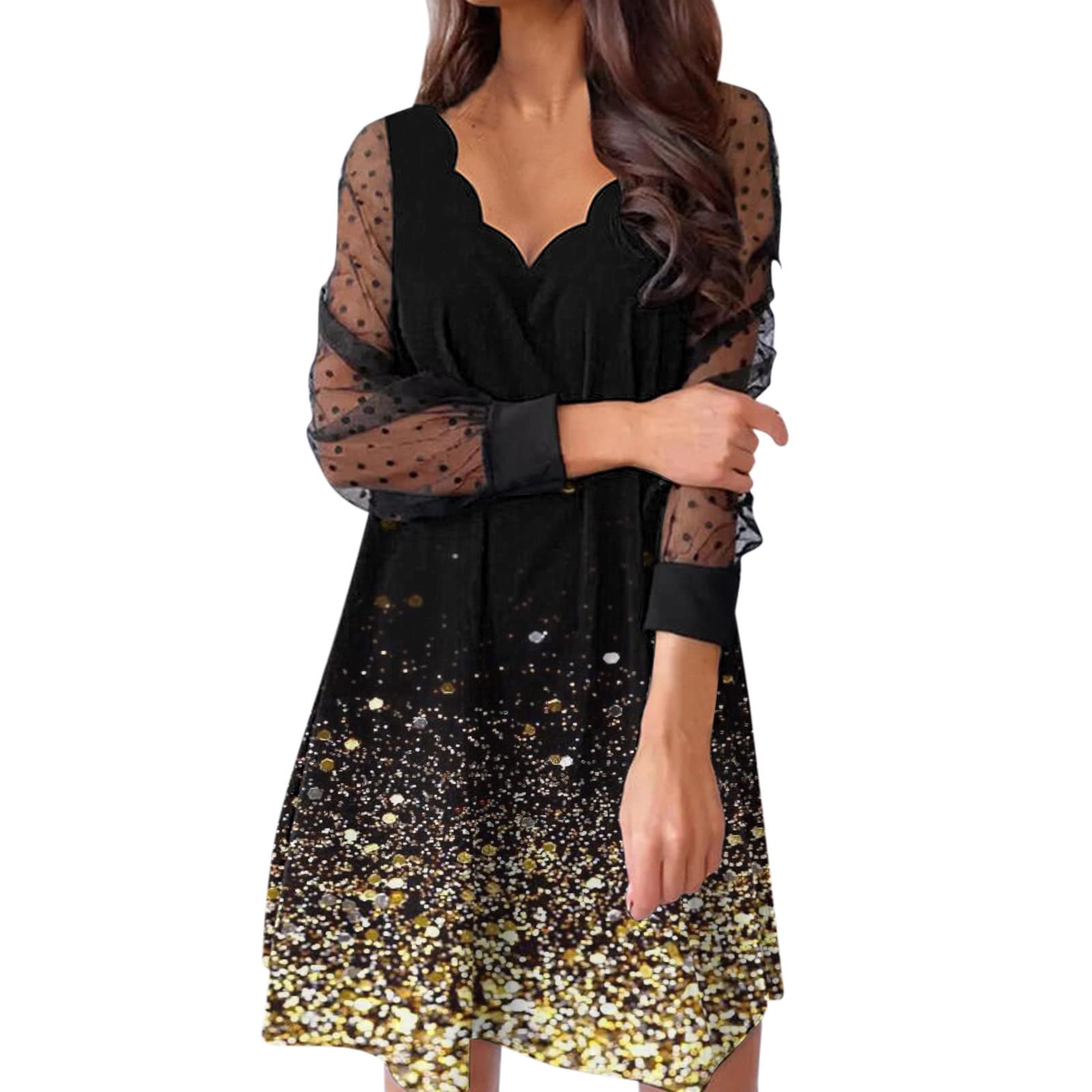 Women's Black Polka Dot Mesh Long Sleeve Knee-Length Shift Dress - Floral Print Casual Summer Dress for Office, Party & Date Night