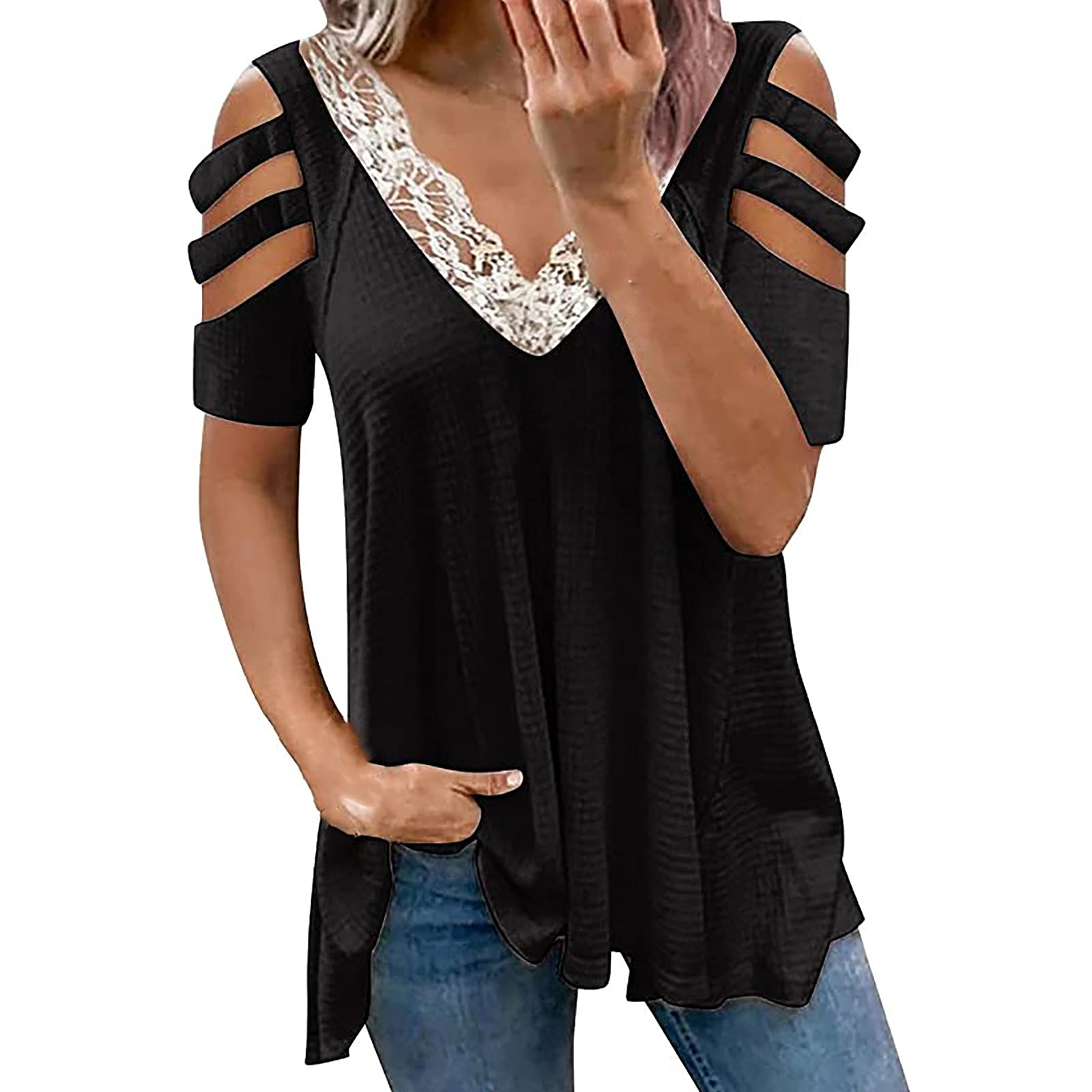 Women's Cold Shoulder Tops - V Neck Summer Blouses with Zipper Detail, Short Sleeve Loose Tunics & Casual T-Shirts | Perfect for Beach Outings, Date Nights and Summer Vacations