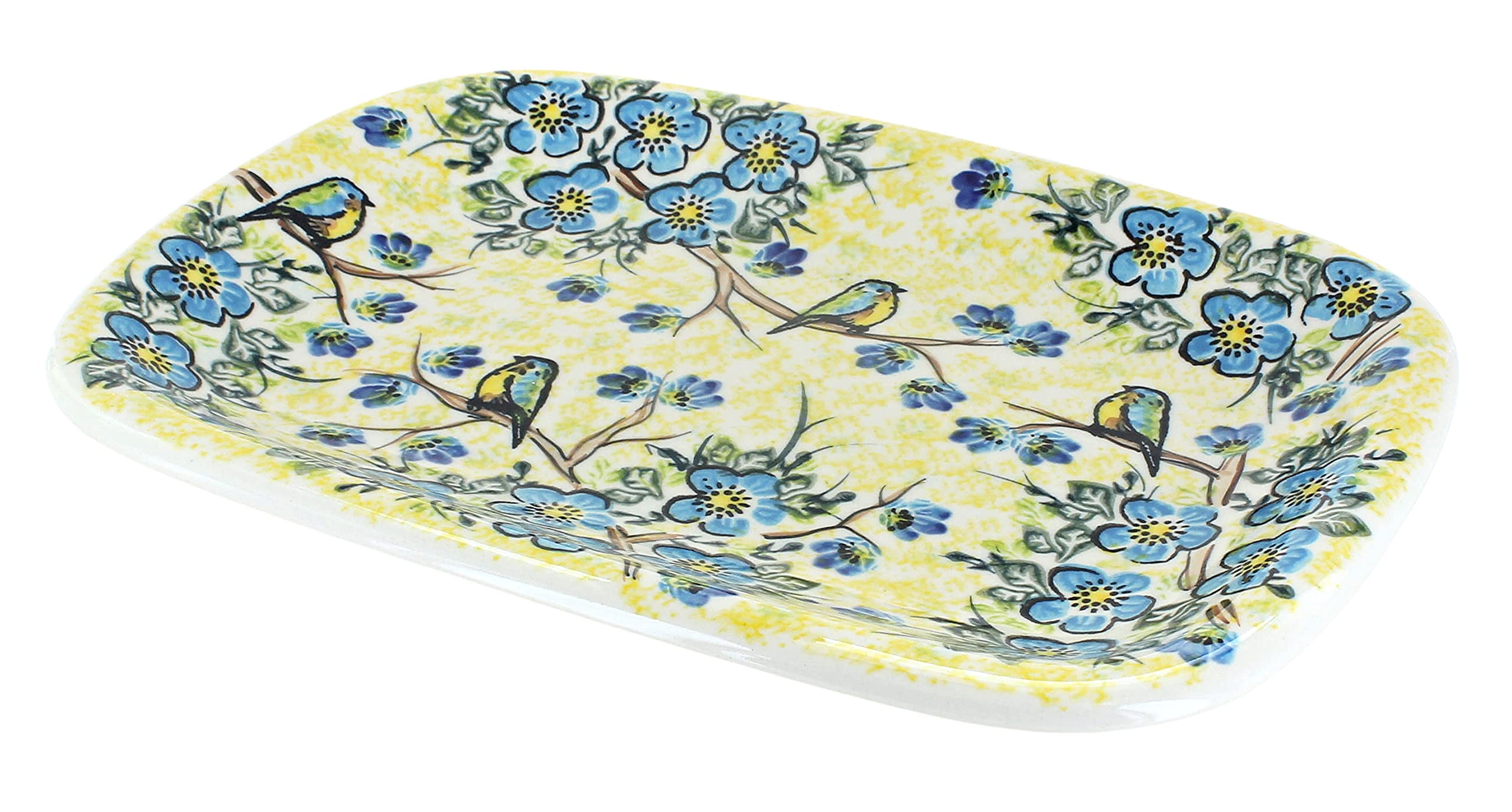 Blue Rose Polish Pottery Bluebird Garden Medium Rectangular Serving Platter - Handcrafted Ceramic Tray for Dining, Entertaining & Home Decor