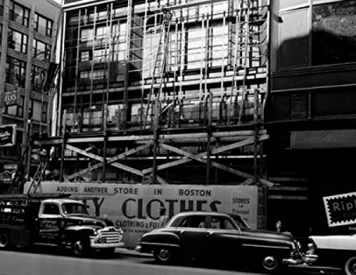 Vintage Boston Massachusetts Street Scene Poster - 18x24 Inch Print of Cars Parked Against Building with Scaffolding | Home Decor, Office Wall Art, Gift for Travel Lovers
