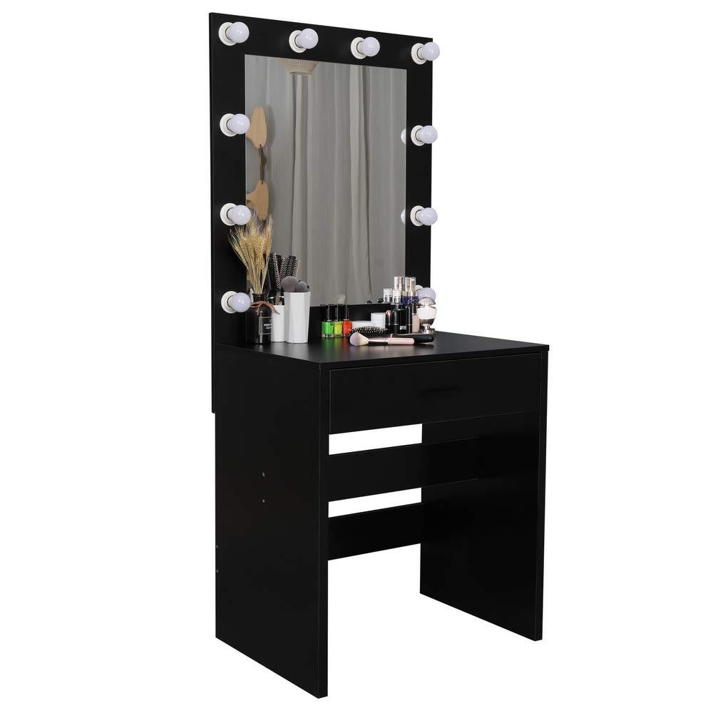 Gmsqj Single Drawer Dresser with LED Lights and Large Mirror - Black & White Modern Bedroom Vanity for Makeup & Jewelry Storage