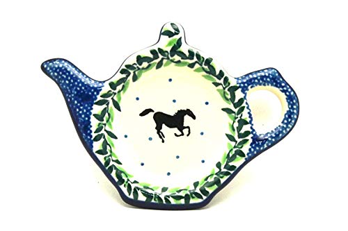 Handmade Polish Pottery Tea Bag Holder - Dark Horse Design, Ceramic Tea Bag Rest for Loose Leaf & Herbal Tea | Perfect for Kitchen, Dining Table, or Gift