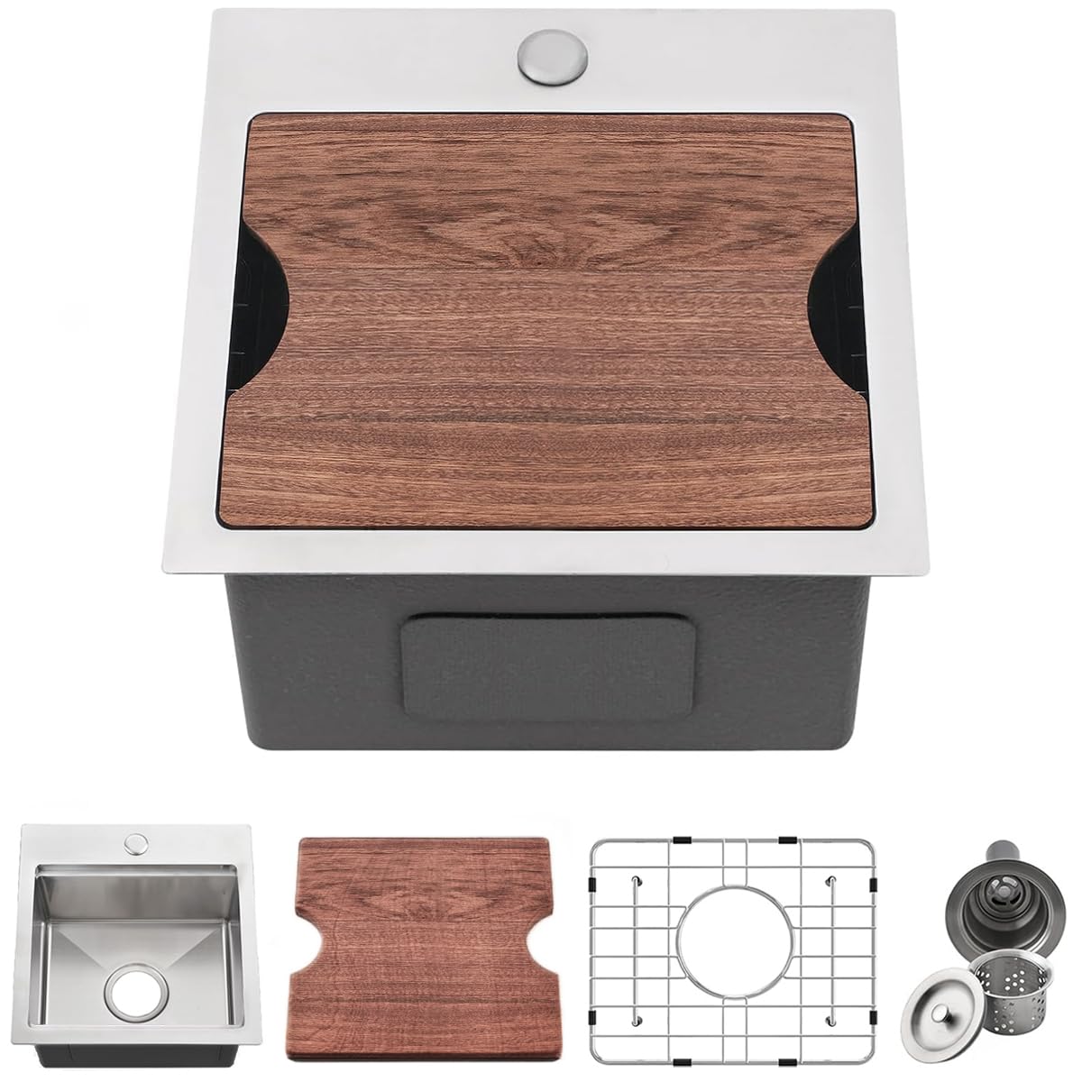 15 Inch Drop In Kitchen Bar Sink - 16 Gauge Stainless Steel Single Bowl Topmount Workstation (15x15x9) with Dish Grid & Drain - Perfect for Outdoor Prep, Wet Bars & Commercial Kitchens