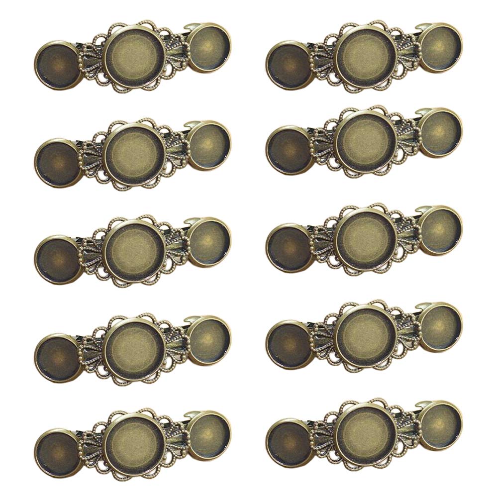 10 Pieces Metal Hair Clips with Round Tray Base for 12mm & 16mm Cabochon Settings - DIY Hair Barrettes with Hairgrip Base - Antique Bronze Hair Accessories for Women, Girls, Bridal & Cosplay Use