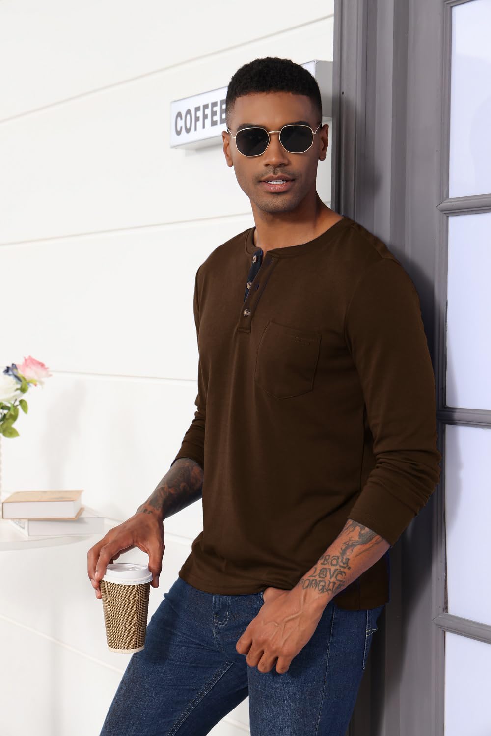 Naggoo Men's Casual T-Shirts & Henley Shirts - Soft Cotton Long Sleeve Pocket Tees for Everyday Wear | Work, Gym, Weekend Outfits