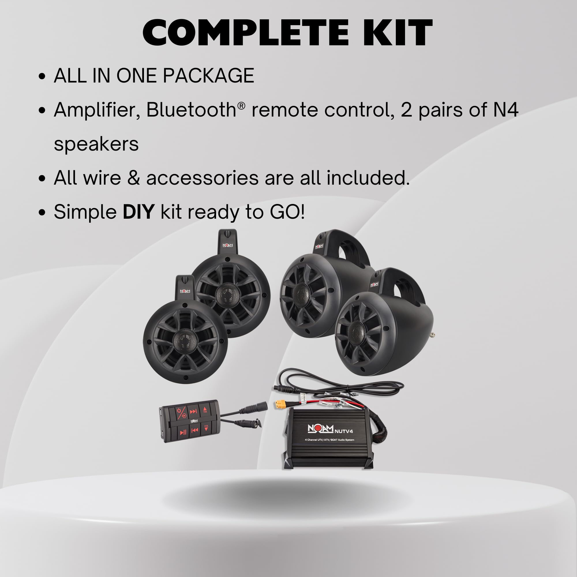 NOAM NUTV4 Quad - 4 Channel Waterproof Marine Bluetooth Speaker System for ATV, UTV, Golf Cart & Boats - High Power Outdoor Audio for Off-Road Adventures, Beach Parties & Watersports