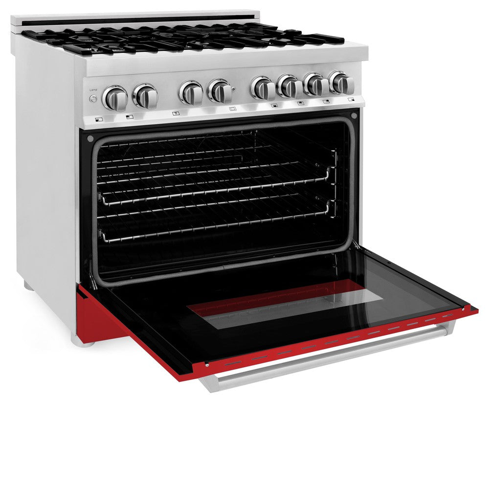 ZLINE 36 Inch 4.6 Cu. Ft. Dual Fuel Range with 6 Burner Gas Cooktop & Electric Convection Oven - Stainless Steel with Red Matte Door (RA RM 36) | Professional Kitchen Appliance for Home Chefs & Cooking Enthusiasts