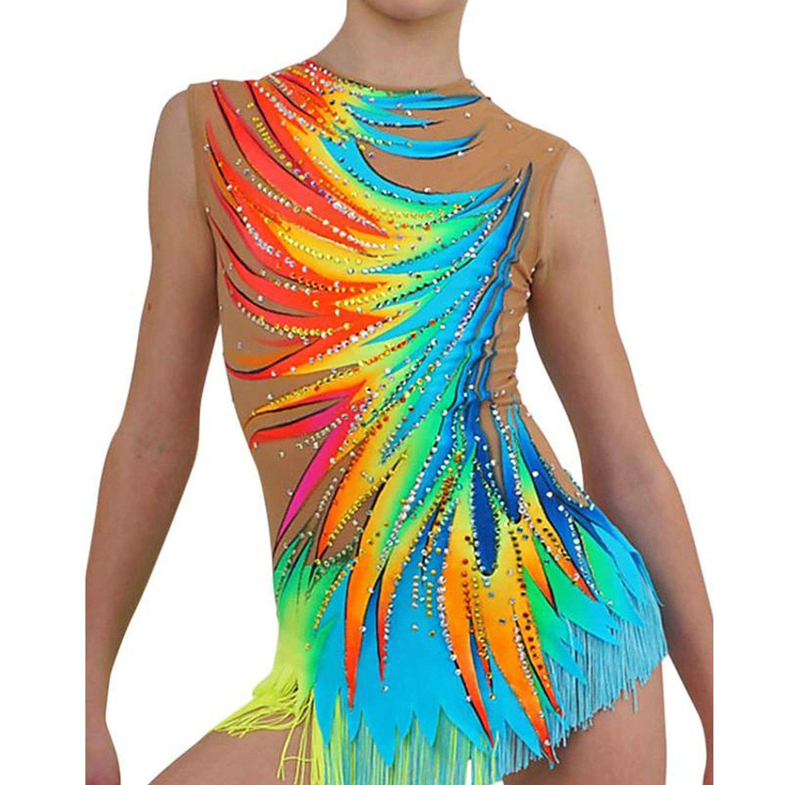LIUHUO Women's Dance Leotard - Sparkling Rhinestone Gymnastics Costume with Colorful Tassels for Rhythmic Performance & Competition - Perfect for Dance Recitals, Gymnastics Shows and Stage Performances