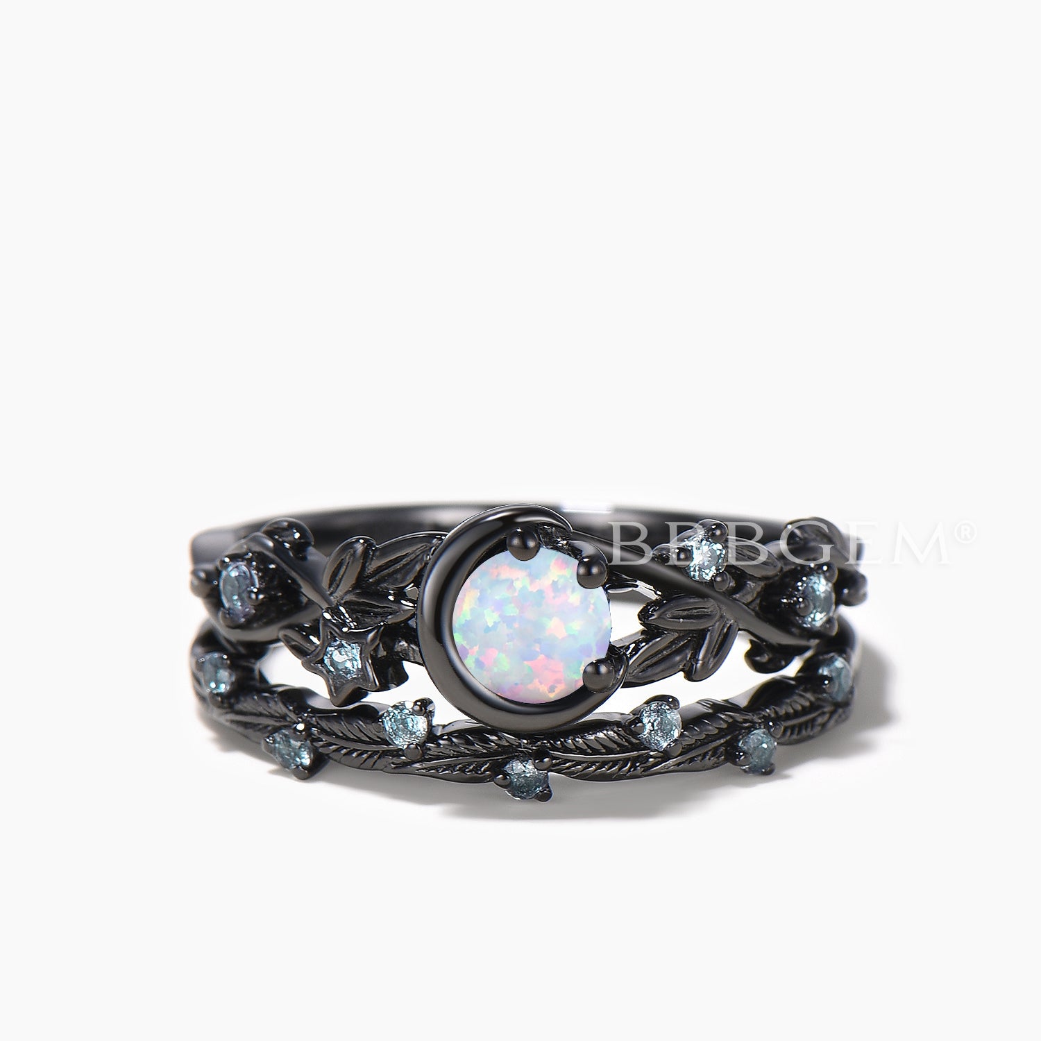 Natural White Opal & Alexandrite Moon Engagement Ring Set – Round Cut Bridal Jewelry for Wedding, Proposal & Anniversary Gifts