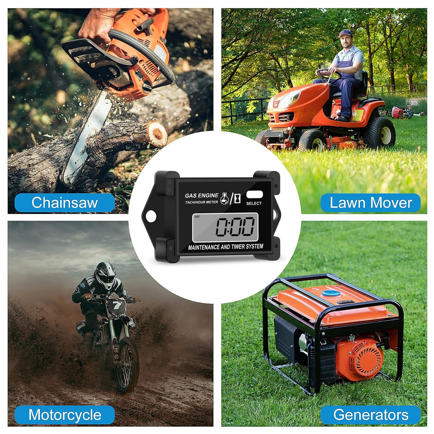 Digital Tachometer & Hour Meter - Inductive RPM Gauge with Total Time & Job Timer for Small Engines - Perfect for Snowmobiles, Motor Bikes, Go Karts, Lawn Mowers & Outdoor Power Equipment