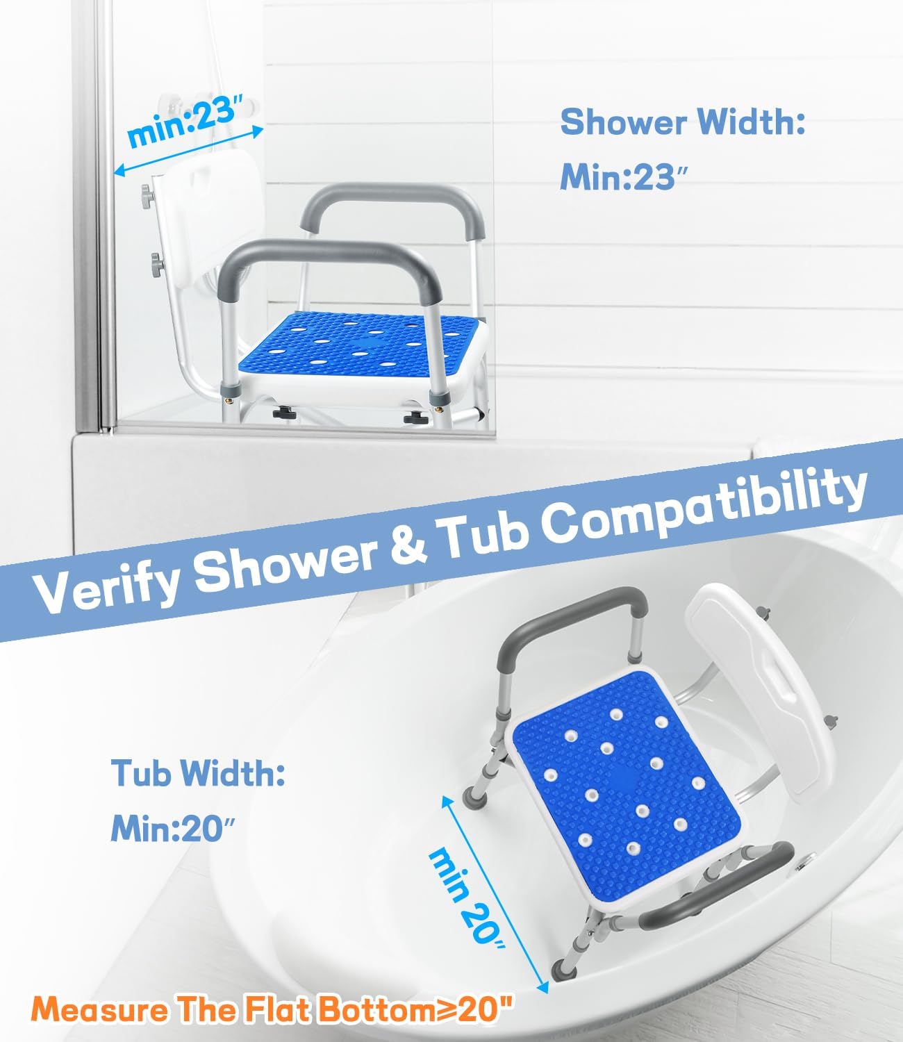 TABEKE Adjustable Shower Chair with Backrest & Padded Armrest - 500lb Capacity Compact Bath Seat for Elderly & Disabled - FSA/HSA Eligible Non-Slip Shower Bench with Suction Cups - Perfect for Safe Bathing & Handicap Accessibility in Home Bathrooms