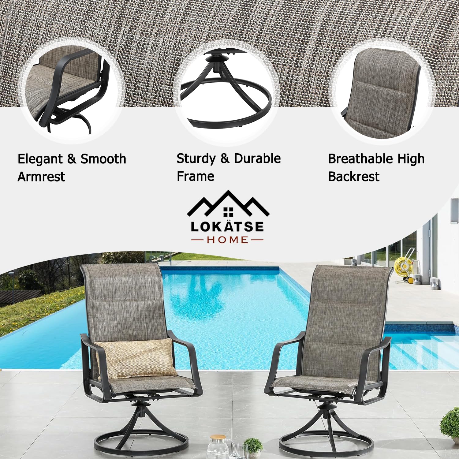 LOKATSE HOME 6-Piece Patio Dining Swivel Chair Set - Outdoor Bistro Furniture for Backyard, Deck, Garden, Porch & Yard - Weather-Resistant Grey Chairs for Entertaining & Relaxation