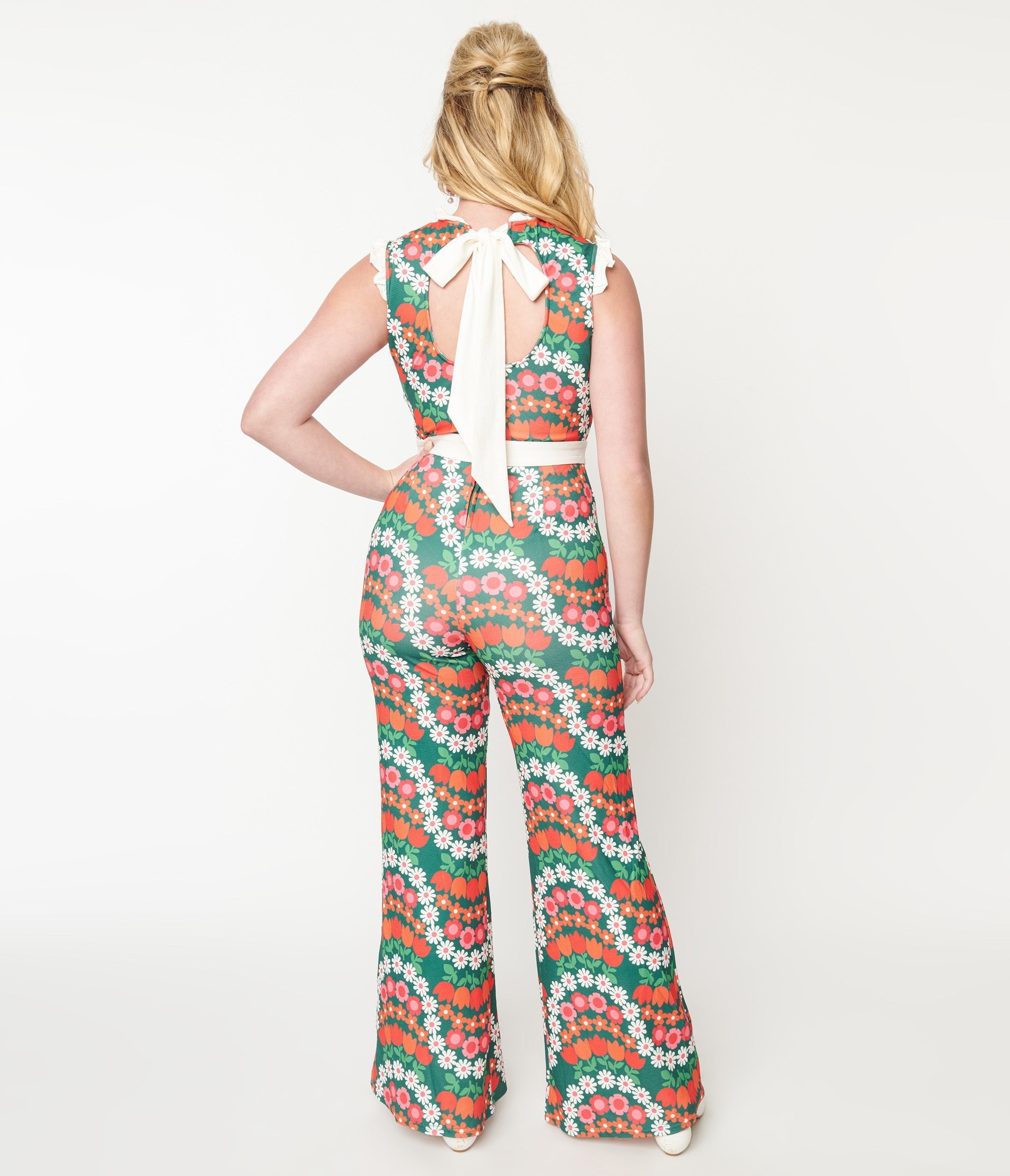Stylish Smak Parlour Green & Red Daisy Chain Back Bow Jumpsuit - Women's Fashion Romper for Summer Outfits, Parties & Casual Wear