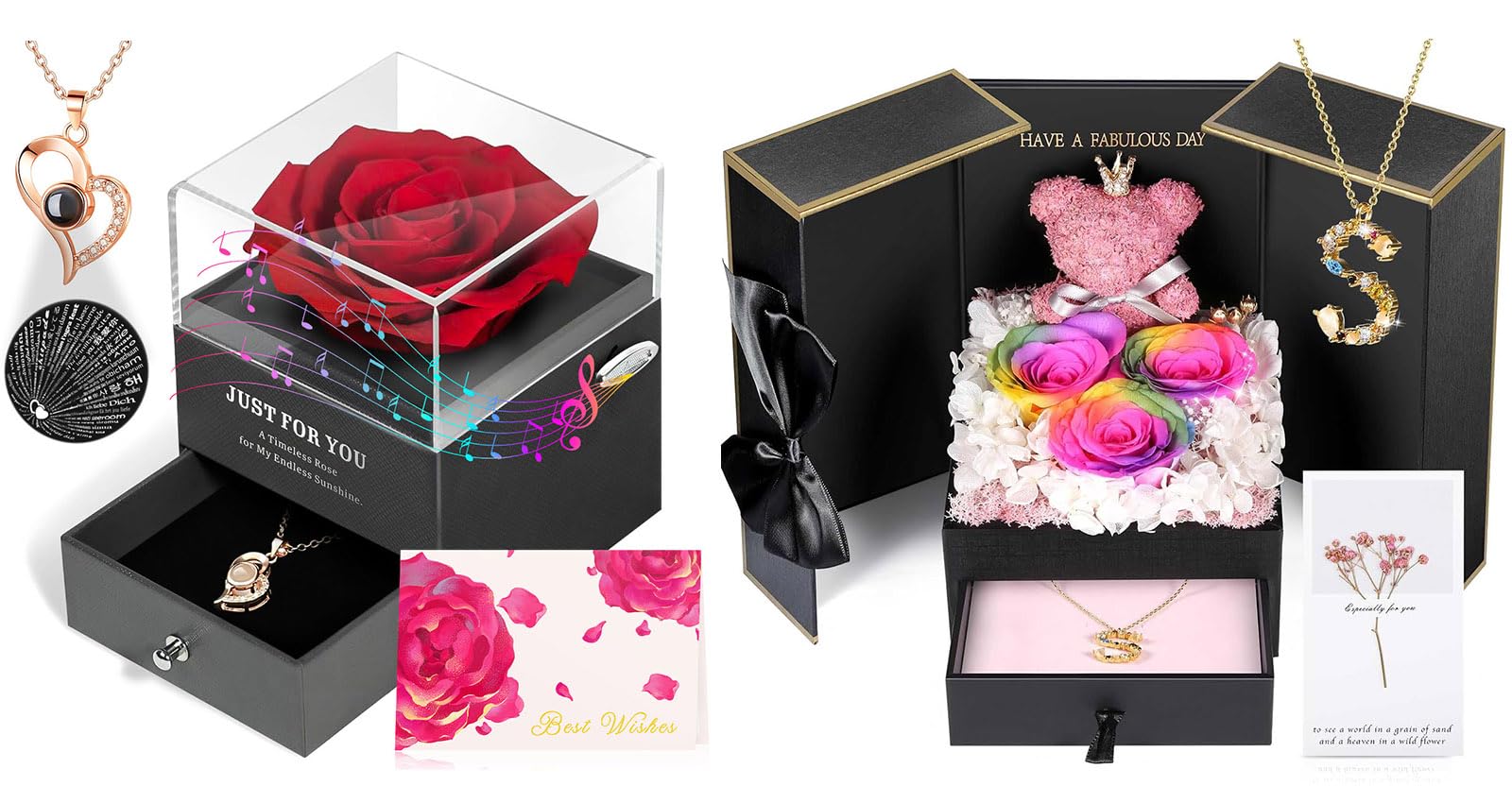 ADDWel Preserved Rose Gift Set for Women - Personalized Initial Letter Necklace & Eternal Rose Music Box with 'I Love You' Necklace in 100 Languages | Romantic Anniversary, Valentine's Day, Birthday Gift Idea