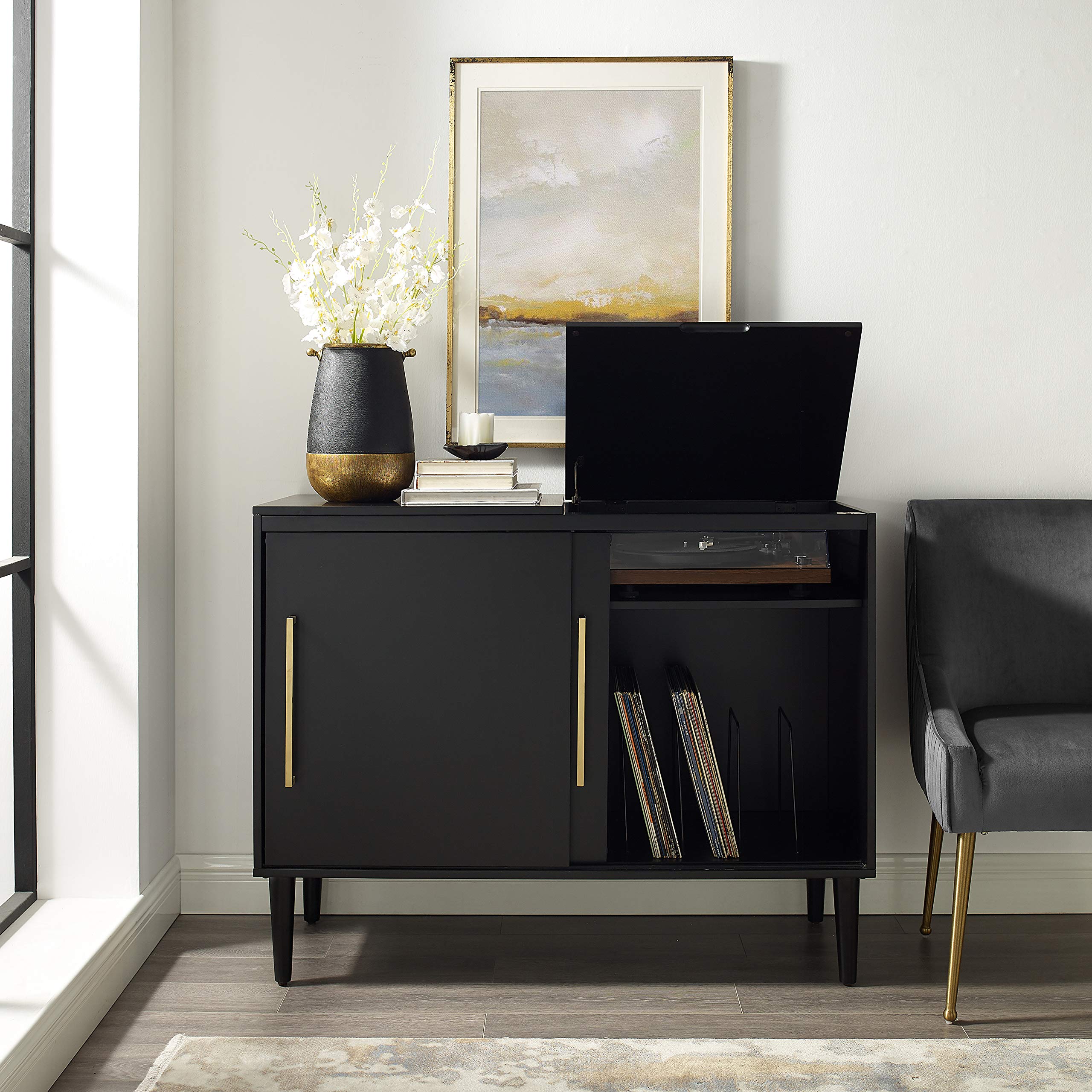 Crosley Everett Media Console & Vinyl Record Player Stand with Storage - Matte Black | Perfect for Living Room, Home Theater & Vinyl Record Collection Display