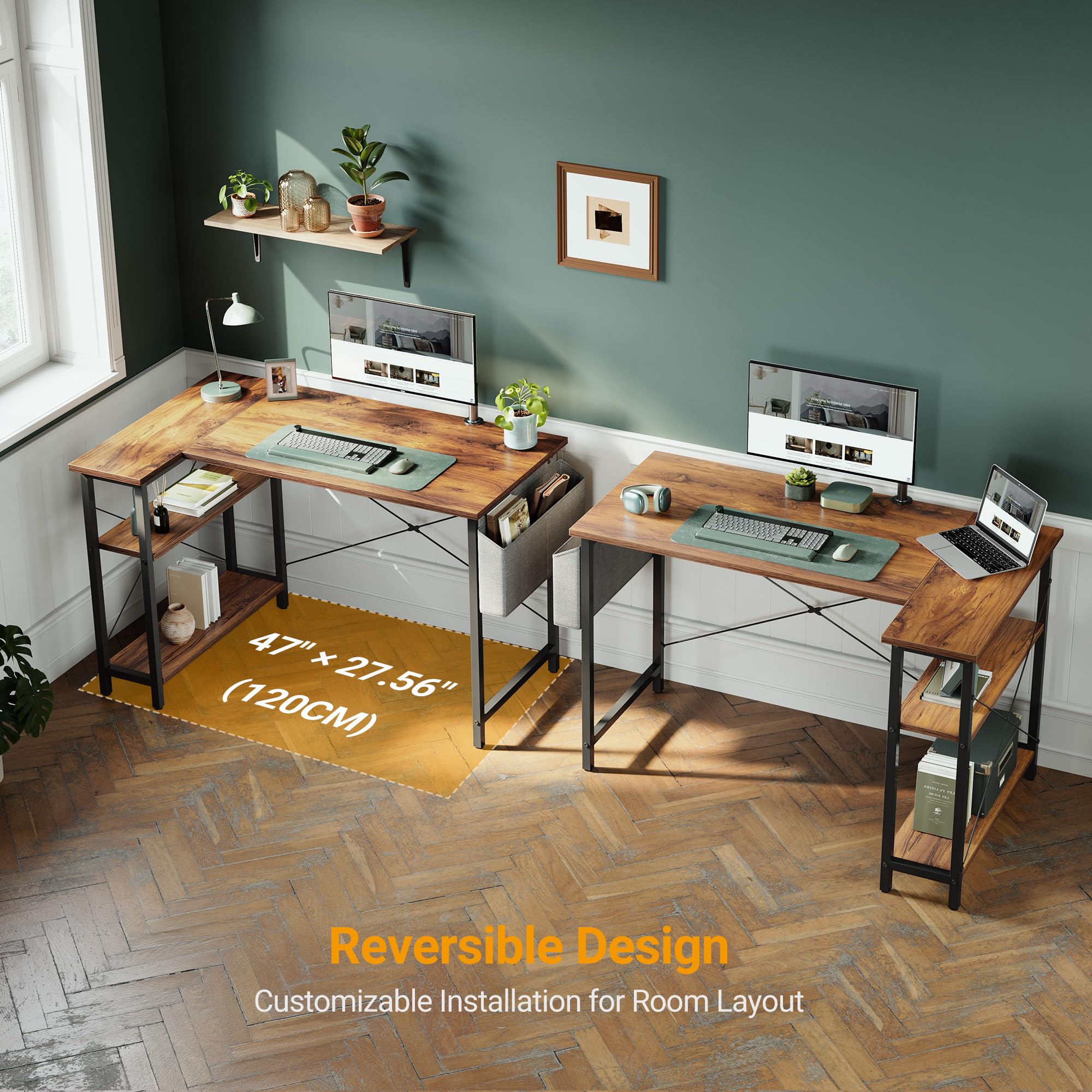 CubiCubi 120 cm Small L Shaped Computer Desk with Storage Shelves - Home Office Corner Desk, Study Writing Table in Rustic Brown - Perfect for Small Spaces, Gaming Setup & Remote Work