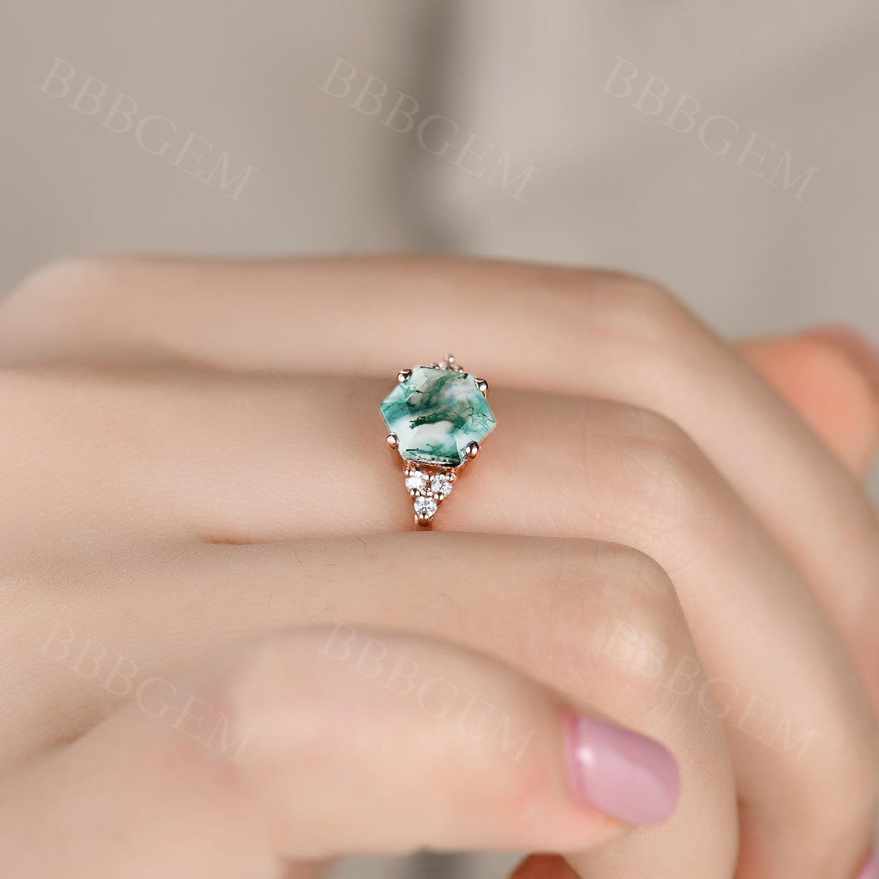 Vintage Rose Gold Hexagon Cut Moss Agate Engagement Ring with 6 Diamond Accent Stones - Perfect for Proposals, Weddings & Anniversary Gifts