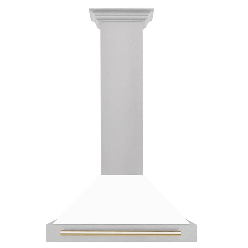 ZLINE KB4SNZ WM30 G 30-Inch Convertible Wall Mount Range Hood - Satin Stainless Steel with White Matte Shell & Polished Gold Handle - Autograph Edition - Perfect for Modern Kitchens & Open-Concept Homes