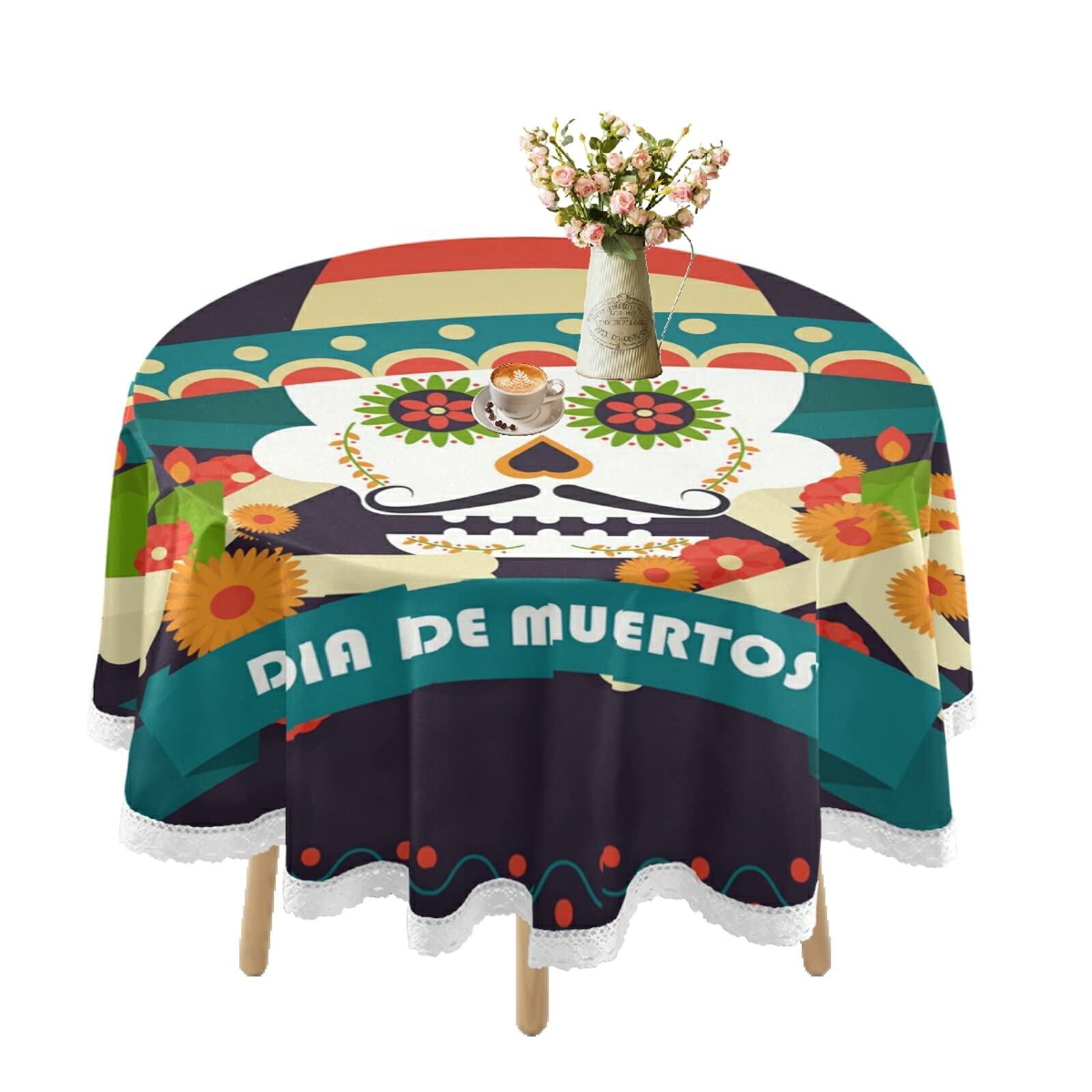 Day of the Dead Dia de Muertos Halloween Mexican Skull Waterproof Round Tablecloth - 60 Inch Lace Table Cover for Outdoor Dining, Coffee Tables, Kitchen, Holiday Parties & Picnic Decorations | Perfect for Halloween Celebrations, Themed Dinners, and Mexican Fiesta Decor