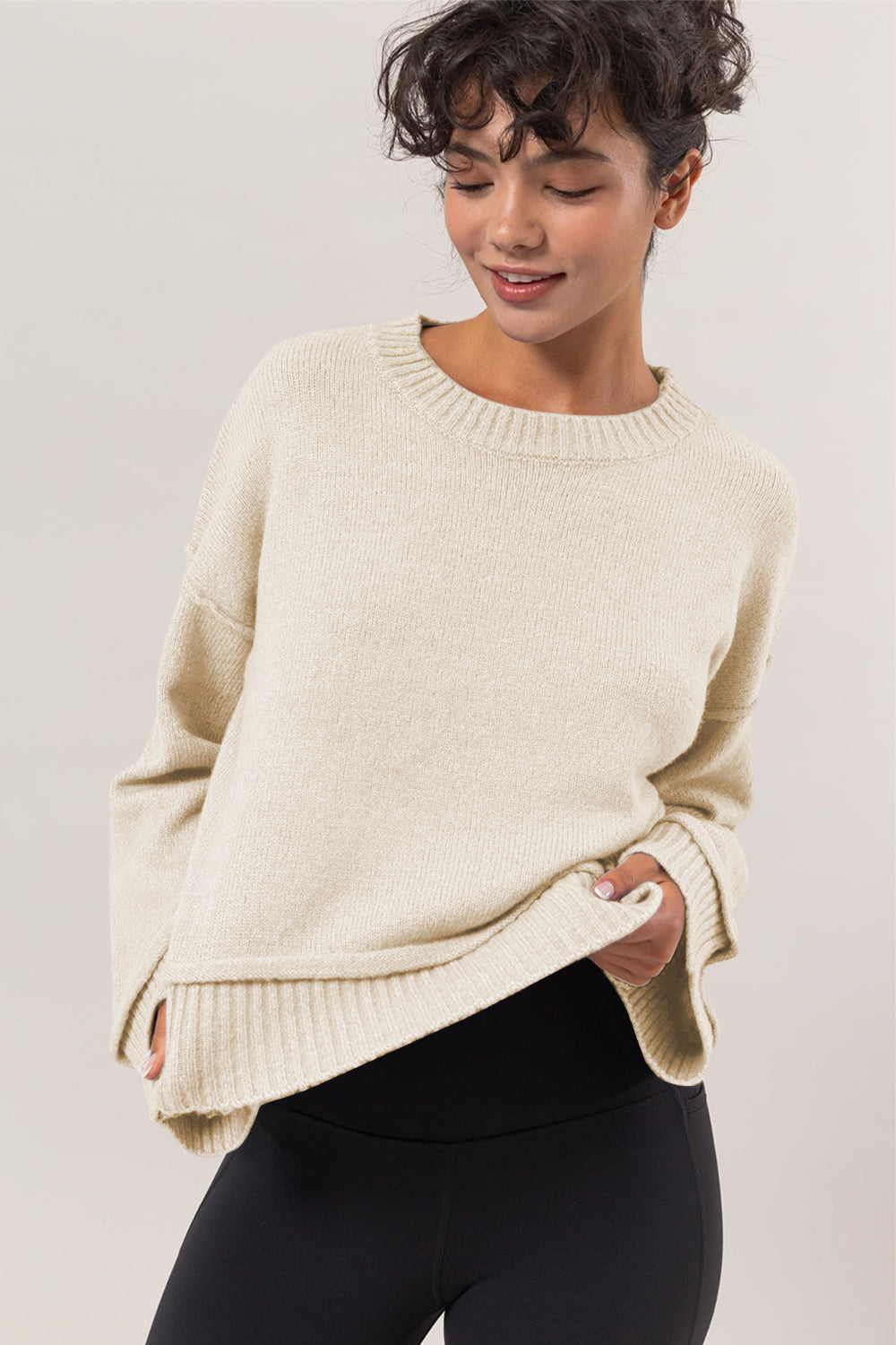 HYFVE Women's Round Neck Dropped Shoulder Ribbed Knit Sweater - Cozy Casual Pullover for Fall & Winter Outfits