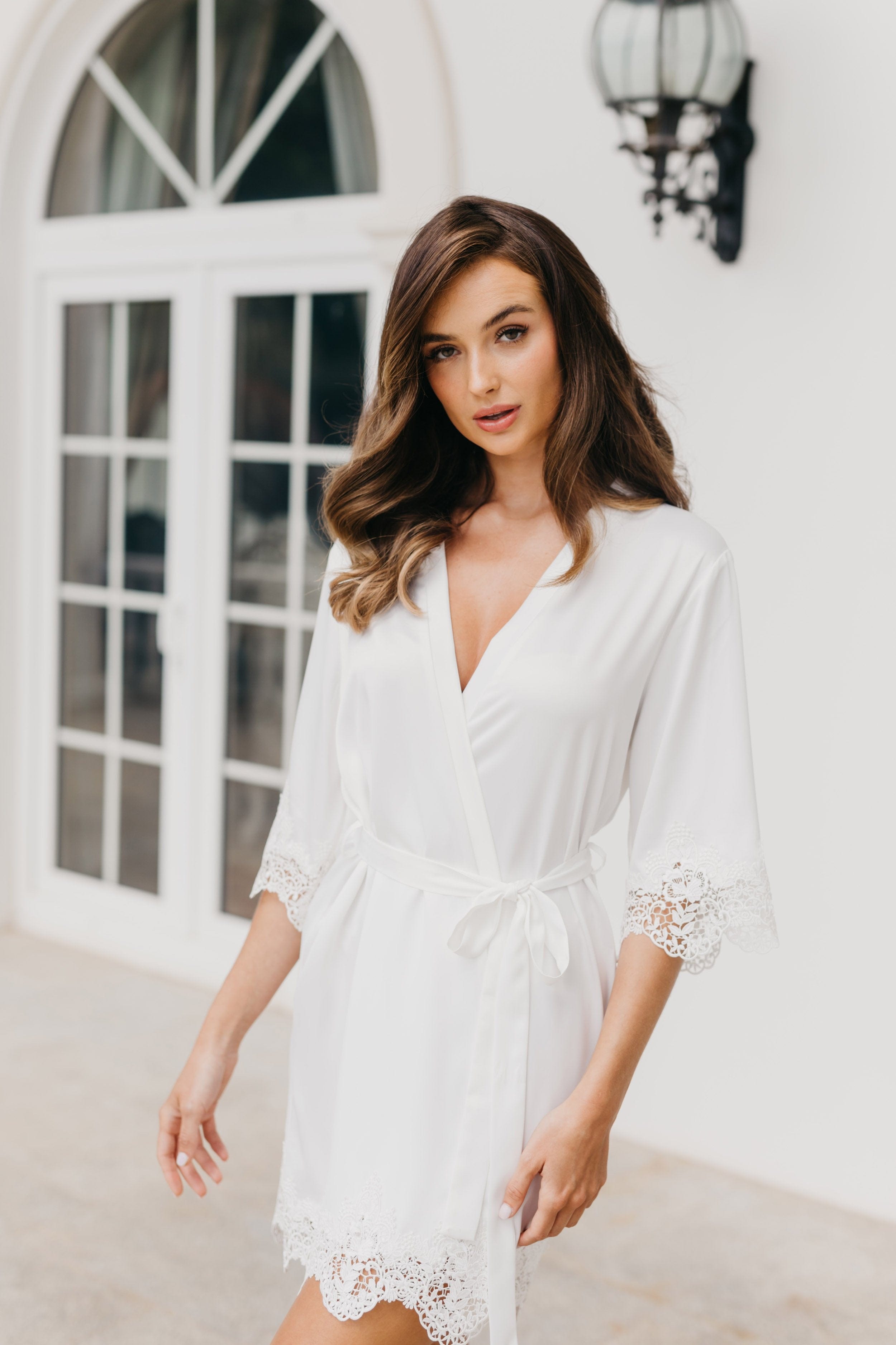 Elegant Chiara Lace Trim Robe - Women's Floral Lace Kimono Bathrobe for Spa, Bridal Shower & Boudoir Photography