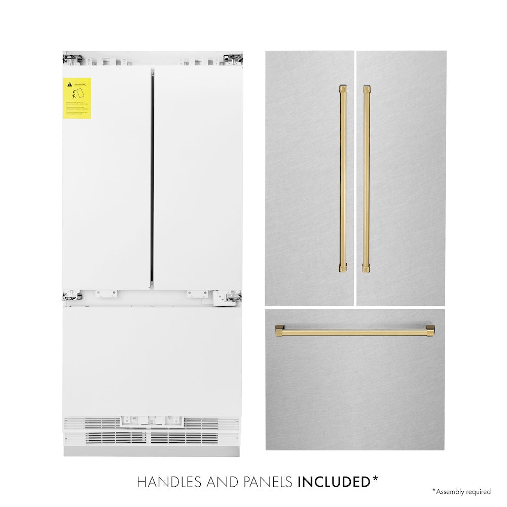 ZLINE Autograph Edition 36 Inch French Door Built-In Refrigerator with Bottom Freezer - 19.6 cu.ft Capacity, Water Dispenser & Ice Maker - Satin Stainless Steel with Polished Gold Accents (RBIVZ SN 36 G) - Perfect for Modern Kitchens & Luxury Homes