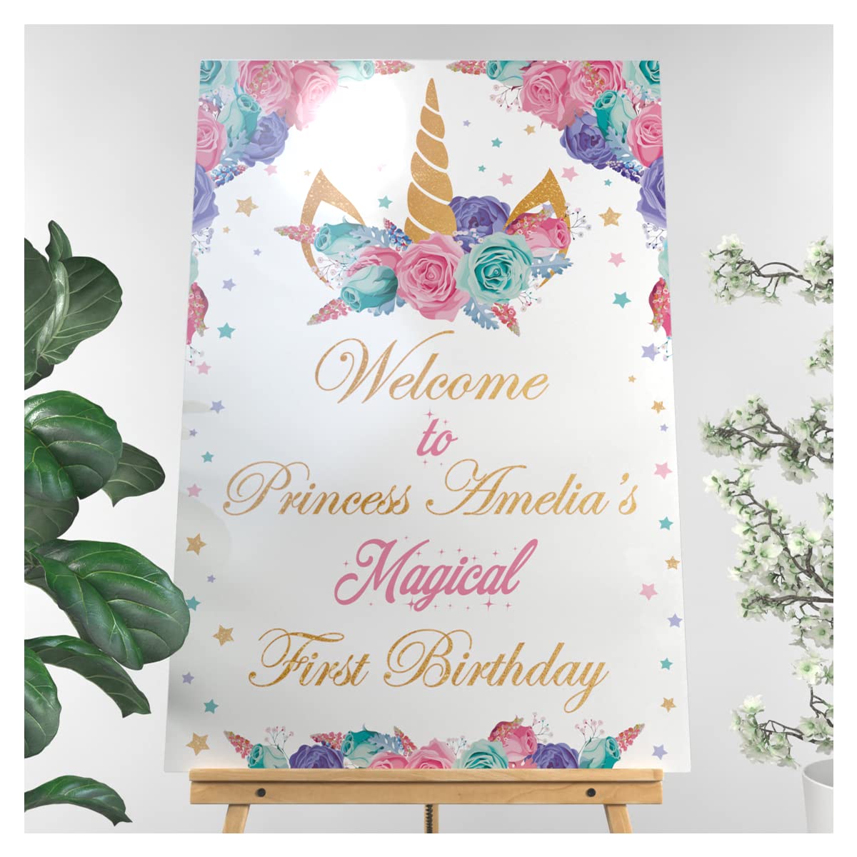 Magical Rainbow Unicorn Birthday Welcome Sign - Floral Unicorn Theme Party Decor - Perfect for Girls' Birthday Celebrations, Baby Showers & Fantasy Themed Events