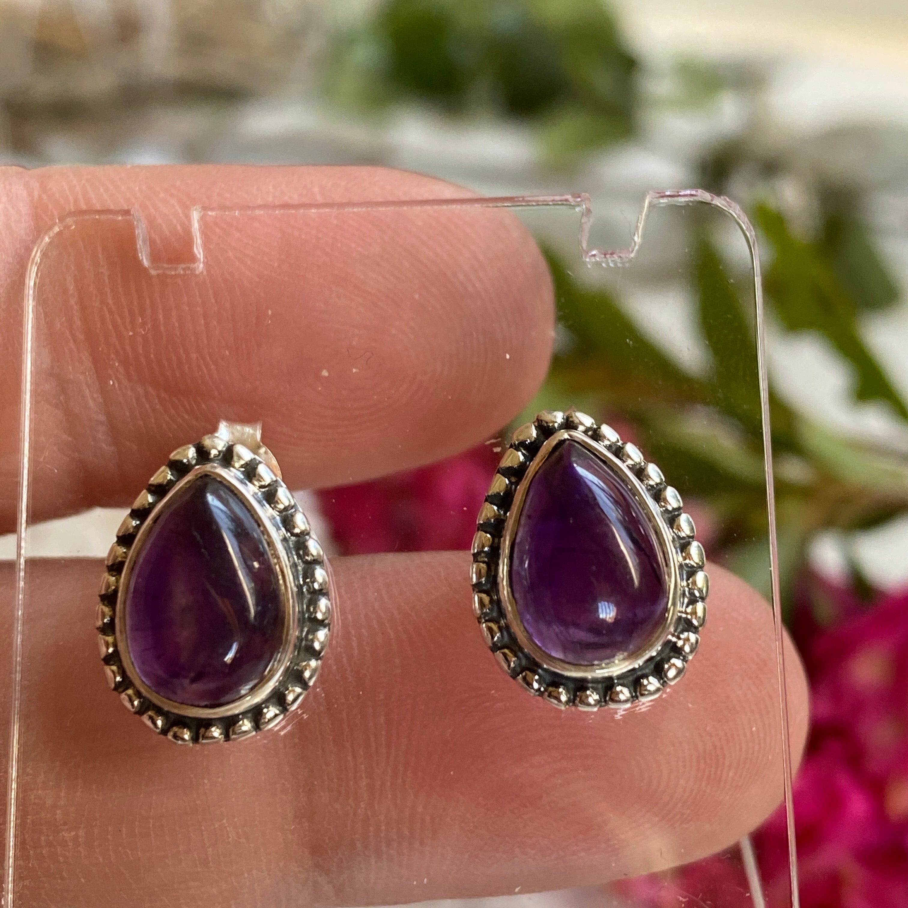 Amethyst Teardrop Stud Earrings - Handmade Cabochon Gemstone Jewelry for Women | Perfect for Weddings, Parties & Gifts (KEGJ1196)